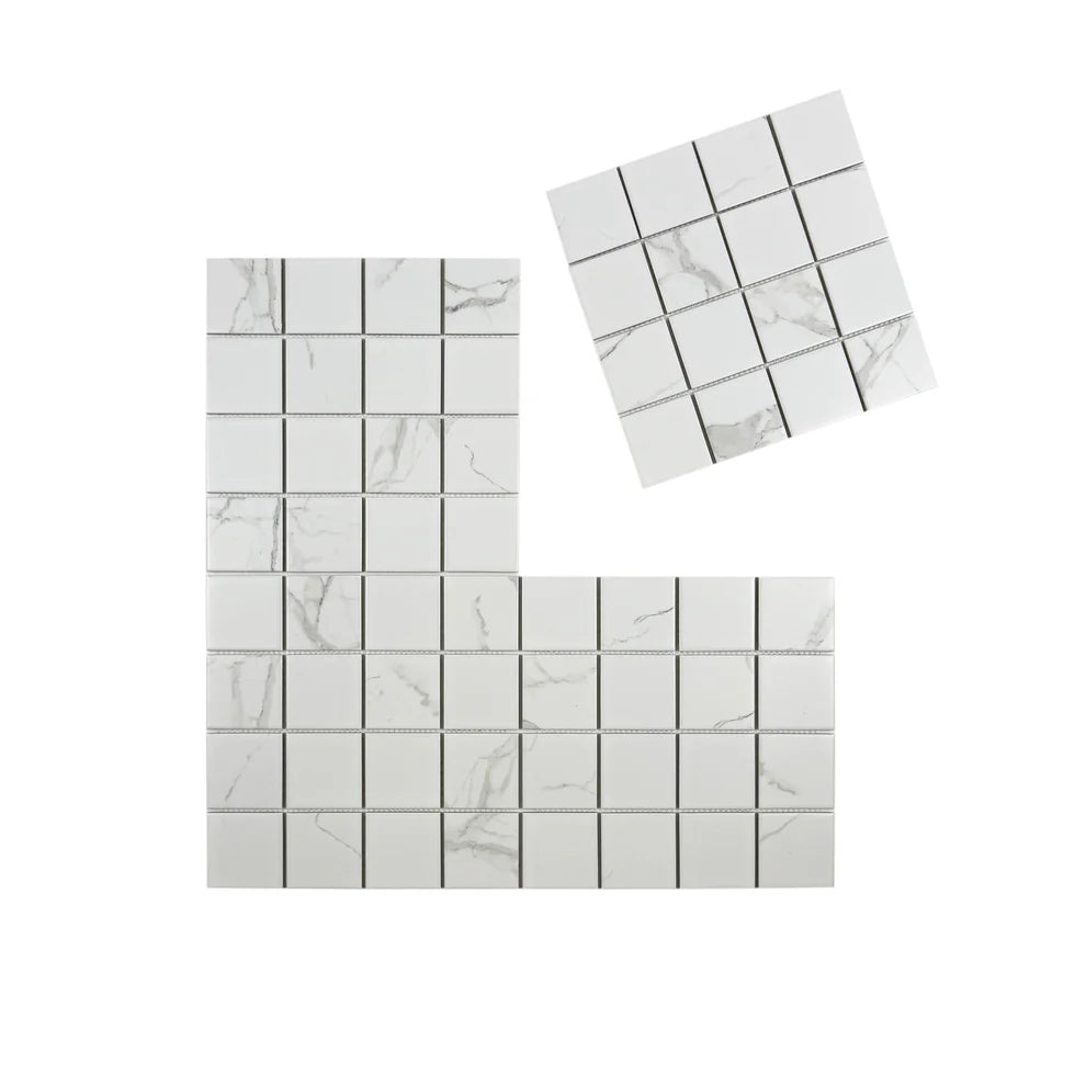 Carrara Lumina White Square Porcelain Mosaic MCS660602 with 75x75 mm chips. Each 305x305 mm sheet, 22 per box, covers 2 sqm. Durable, elegant, versatile tile.