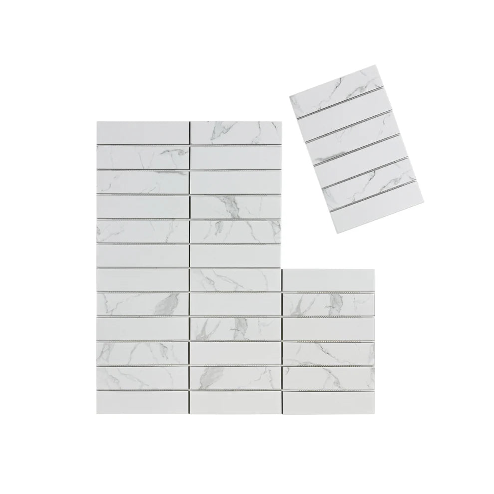 Carrara Lumina White Upright Plane Long Strip Porcelain Mosaic MCS660504. 50x200 mm chips, 16 sheets per box covering 1 sqm. Durable, elegant, and versatile.