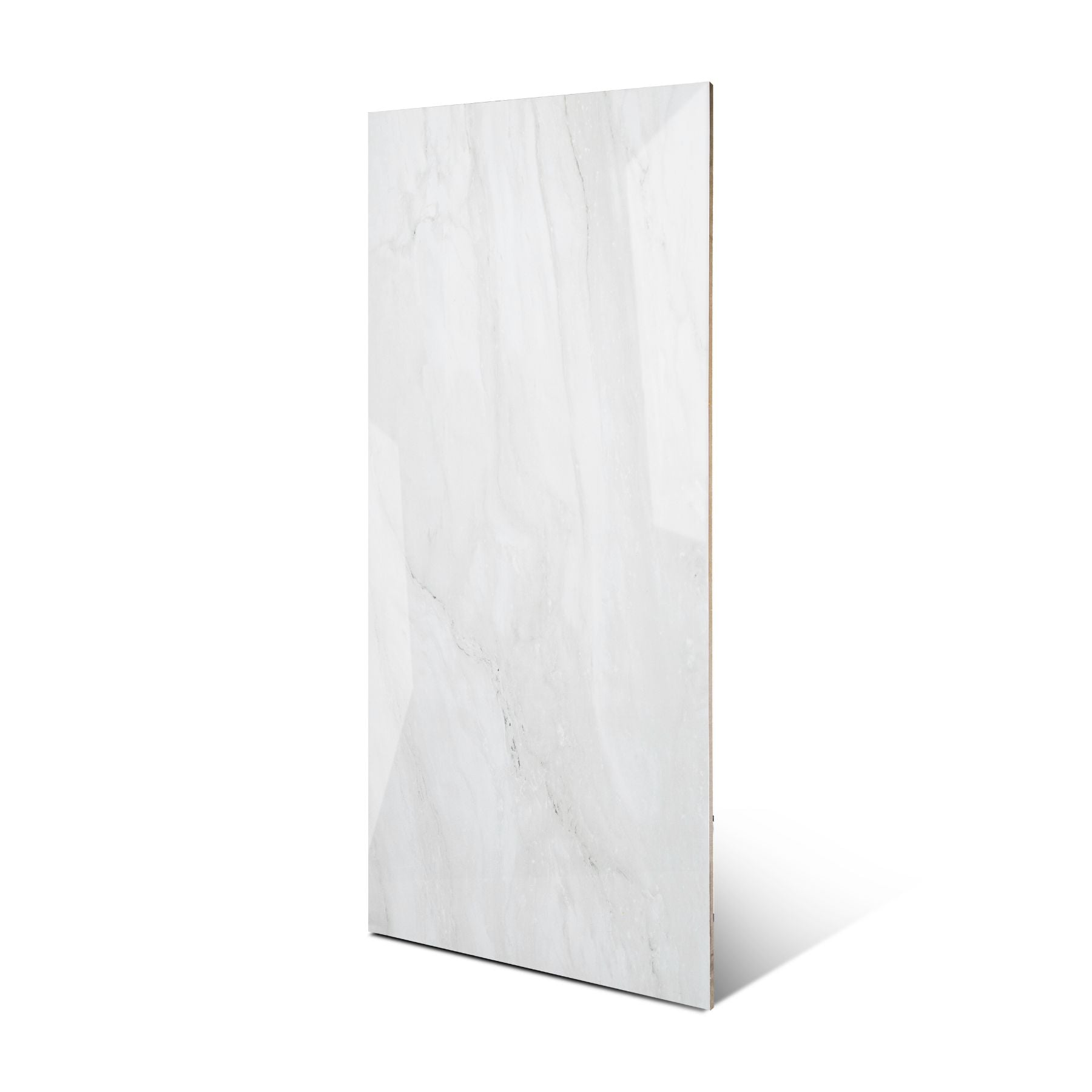 Celeste White glossy marble effect porcelain tile 60x120cm with 9mm thickness features bright white base, soft grey veins and polished finish.