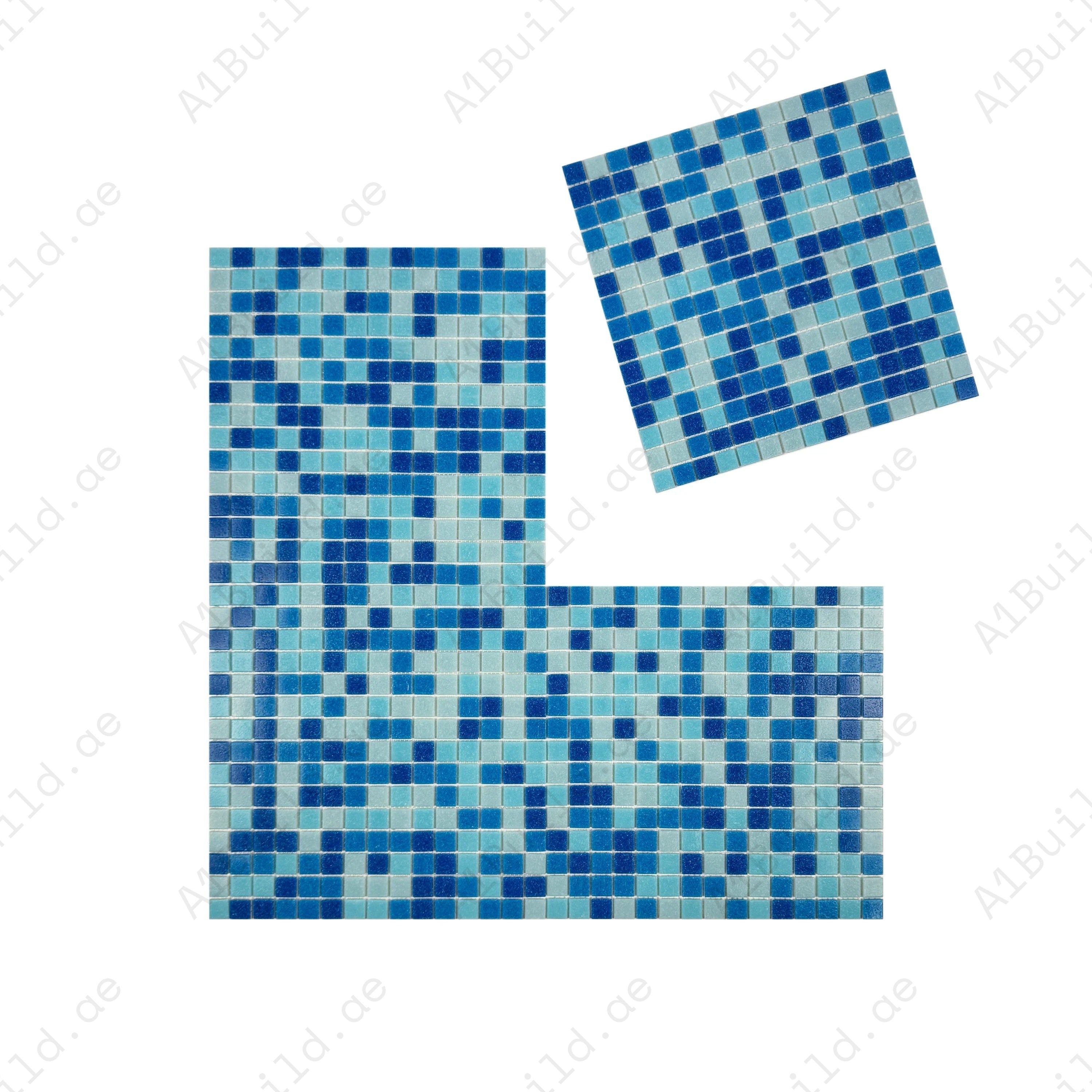 Create vibrant pools & spas with Sky, French & Navy Blue Serene Spectrum glass mosaics. Slip-resistant, UV-stable & eco-friendly for lasting aquatic beauty.
