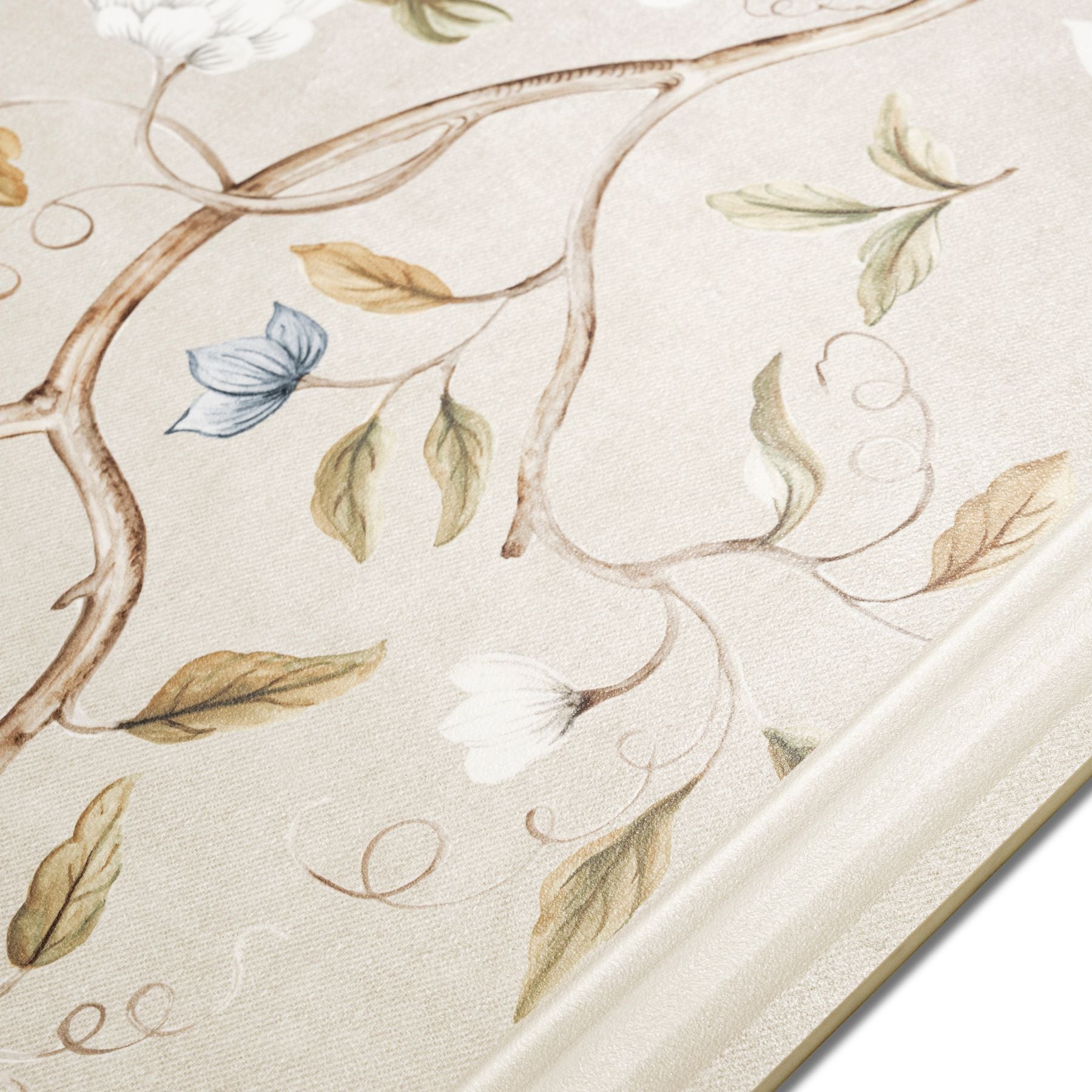 Crema Frame Blossom matt stone effect porcelain tile 60x120cm with 9mm thickness features soft beige tones and elegant floral detailing.