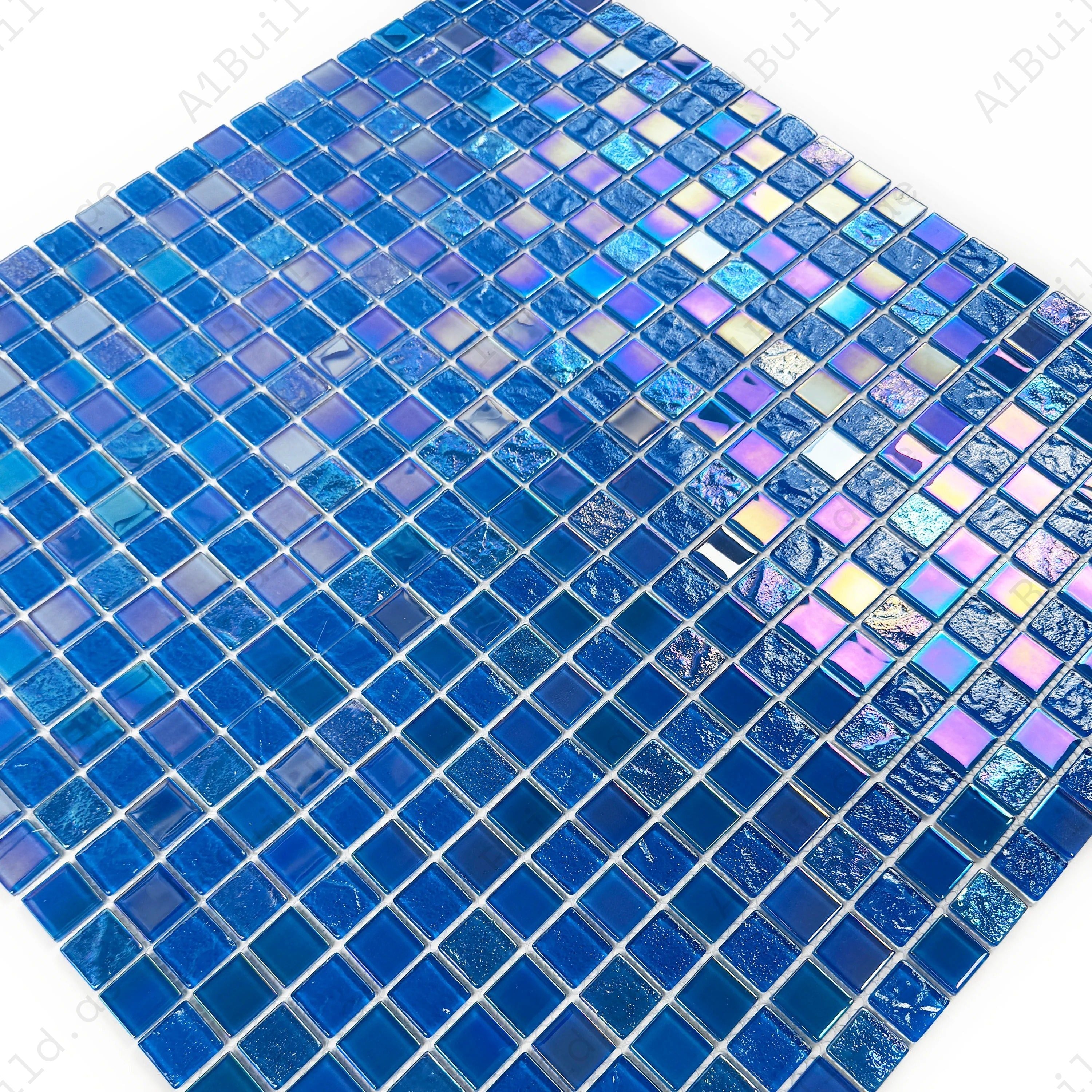 Crystal Cascade French Blue Iridescent Glass Mosaic 25x25 mm. Durable, UV-resistant, and non-toxic pool tiles ideal for pools, spas, water walls, and décor.