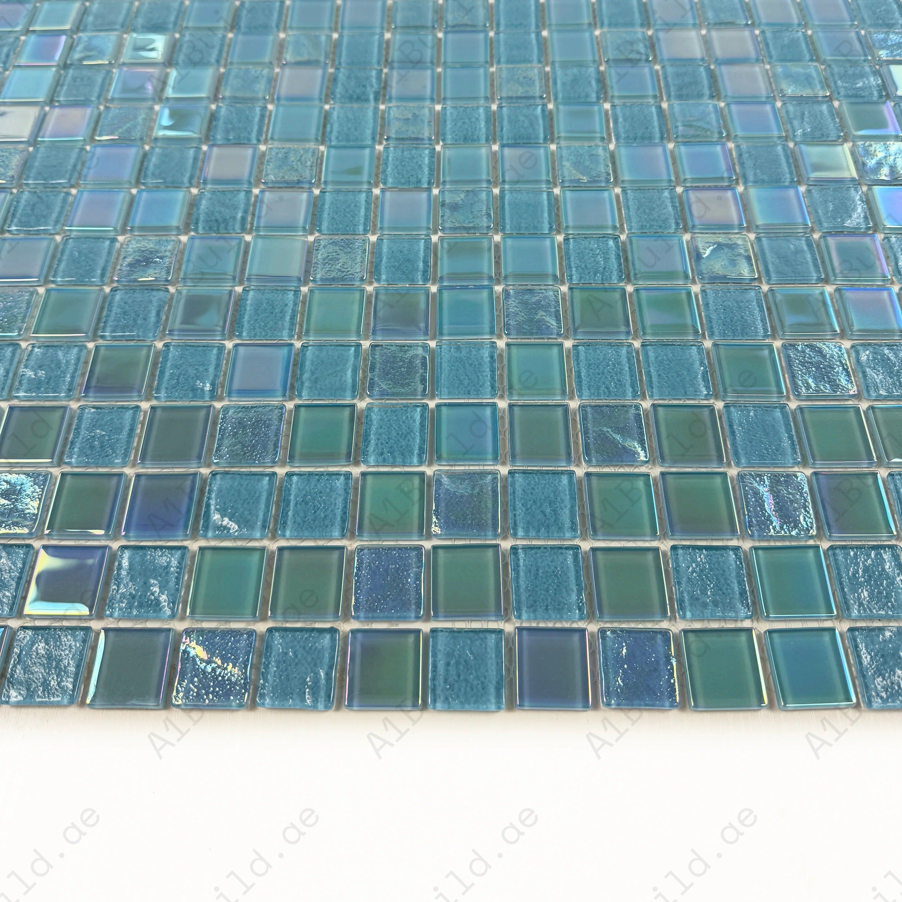 Crystal Cascade Jungle & Moss Green Iridescent Glass Mosaic 25x25 mm. Durable, UV-resistant, non-toxic tiles perfect for pools, spas, water features, and walls.