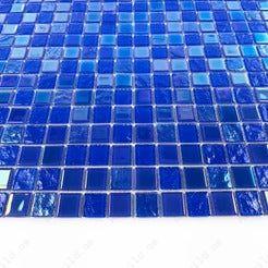 Crystal Cascade Klein Blue Iridescent Glass Mosaic 25x25 mm. Durable, UV-resistant, non-toxic tiles ideal for swimming pools, spas, water walls, and interiors.