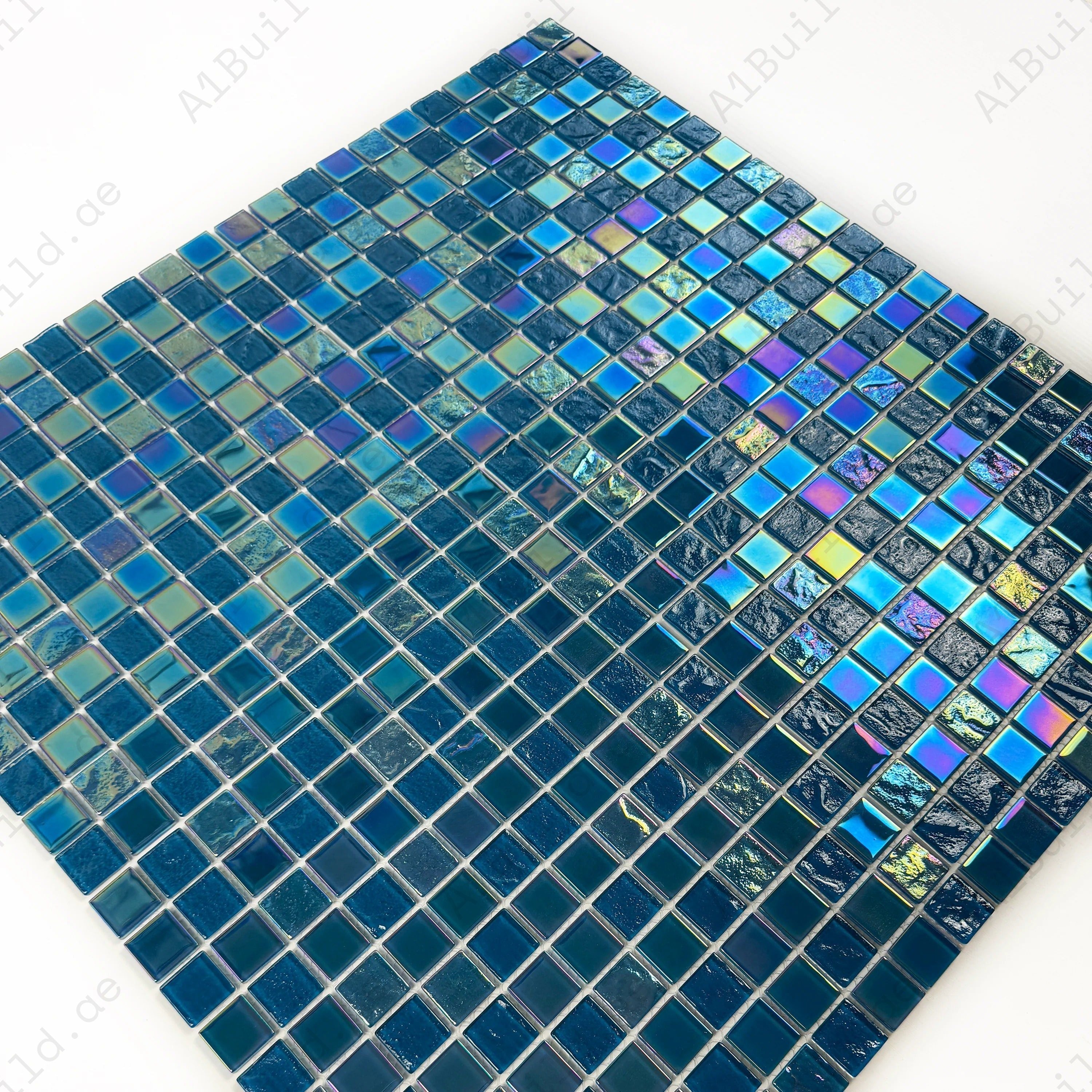 Crystal Cascade Pine Green & Sapphire Blue Iridescent Glass Mosaic 25x25 mm. Durable, UV-resistant, and non-toxic tiles for pools, spas, water features, and walls.