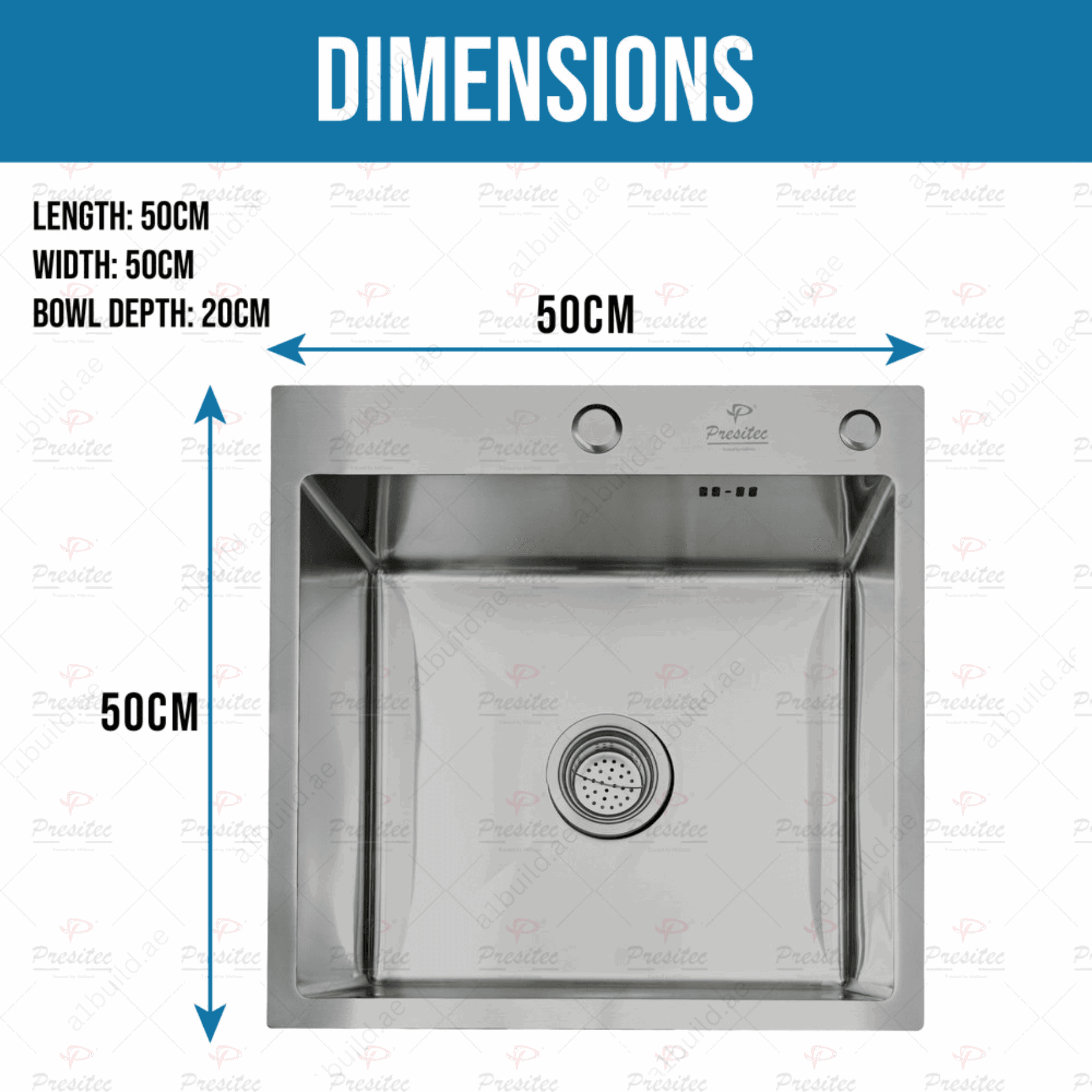 Durable50x50cmKitchenSinkwithBrushedFinishandStainlessSteel_2