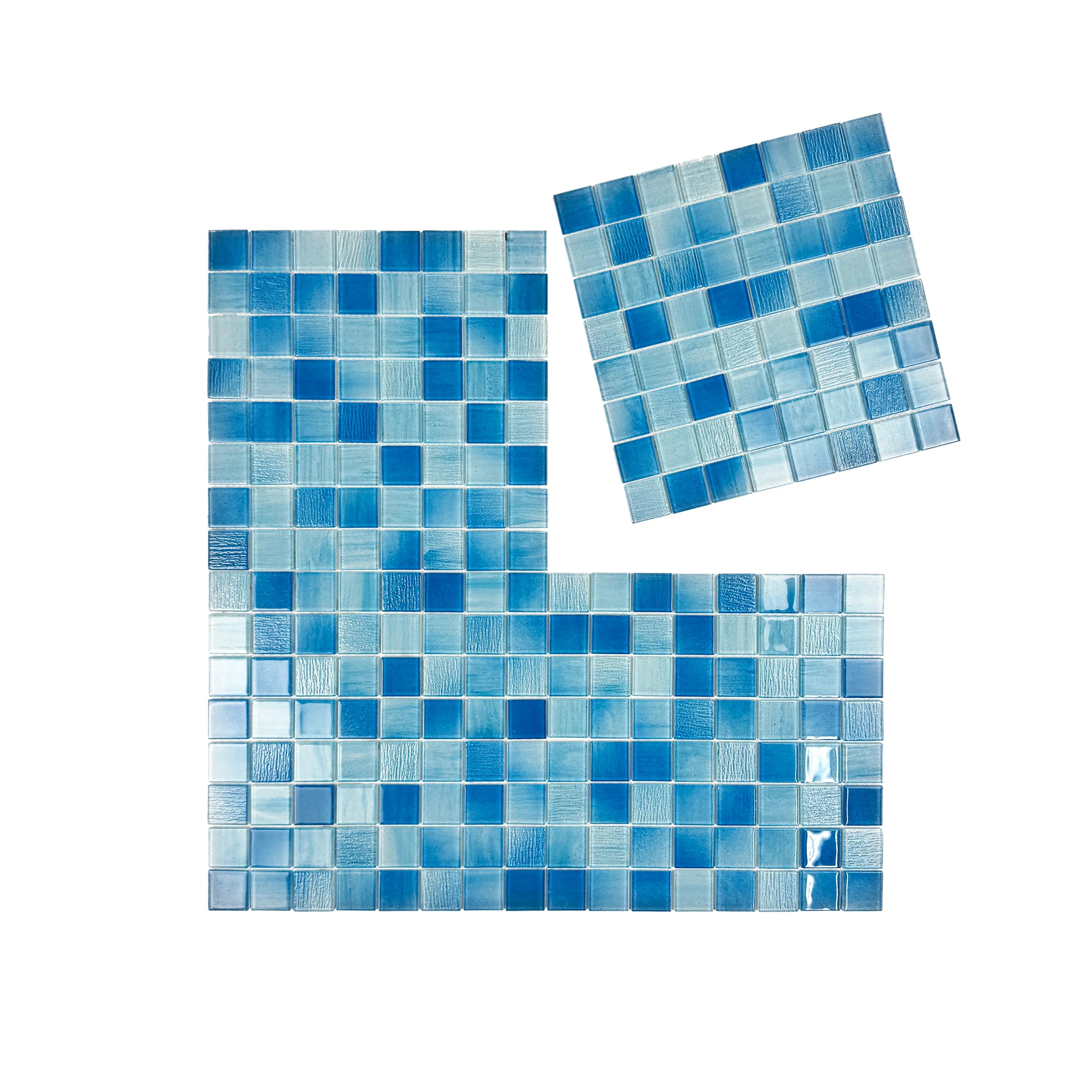 Durable glass mosaic swimming pool tile in light, baby, and French blue mix. Slip-resistant, UV-stable, eco-friendly, perfect for luxury pools and spas in Dubai.