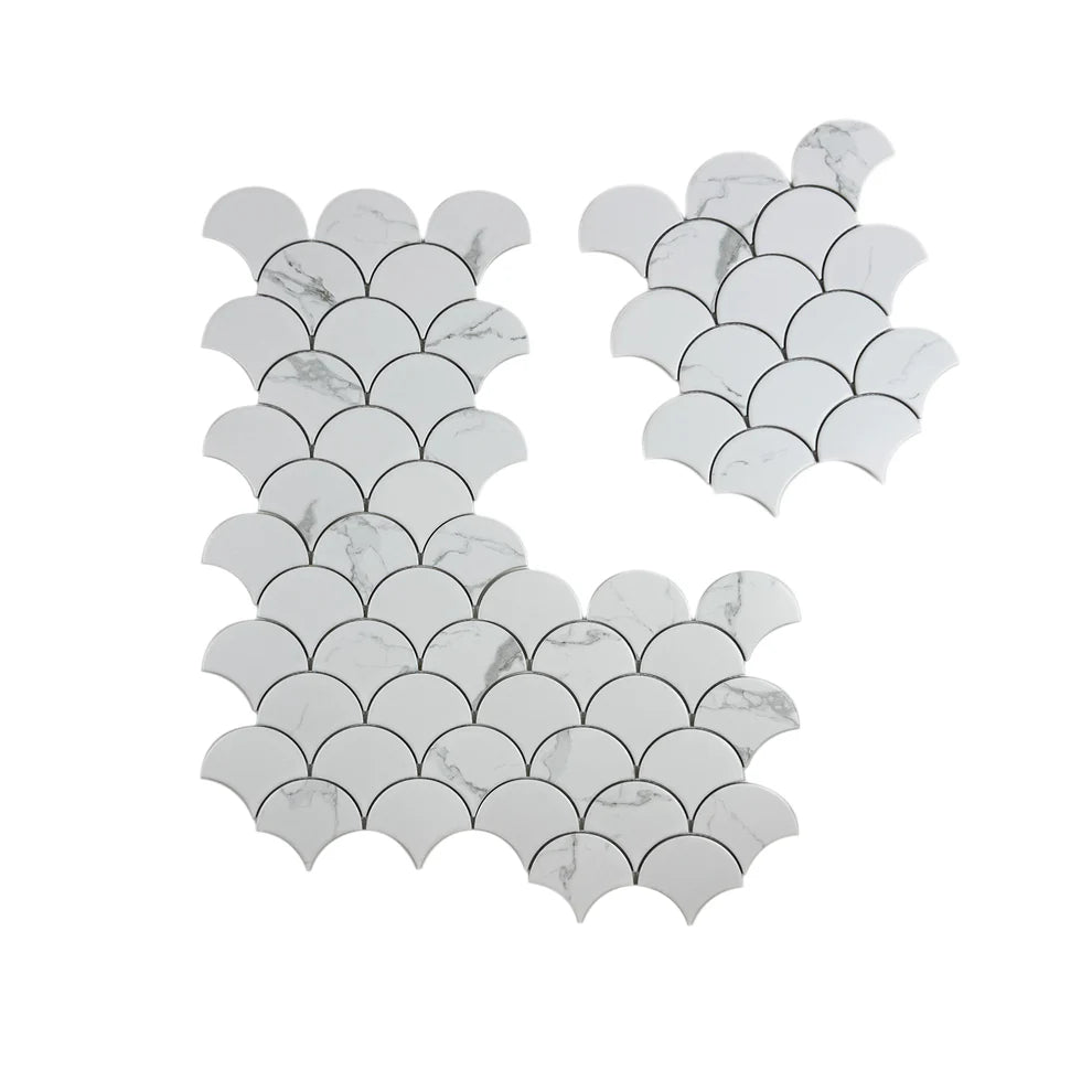 Elegant Carrara Lumina White Fan Shape Porcelain Mosaic, durable and water-resistant, ideal for bathrooms, kitchens, and feature walls with timeless style.