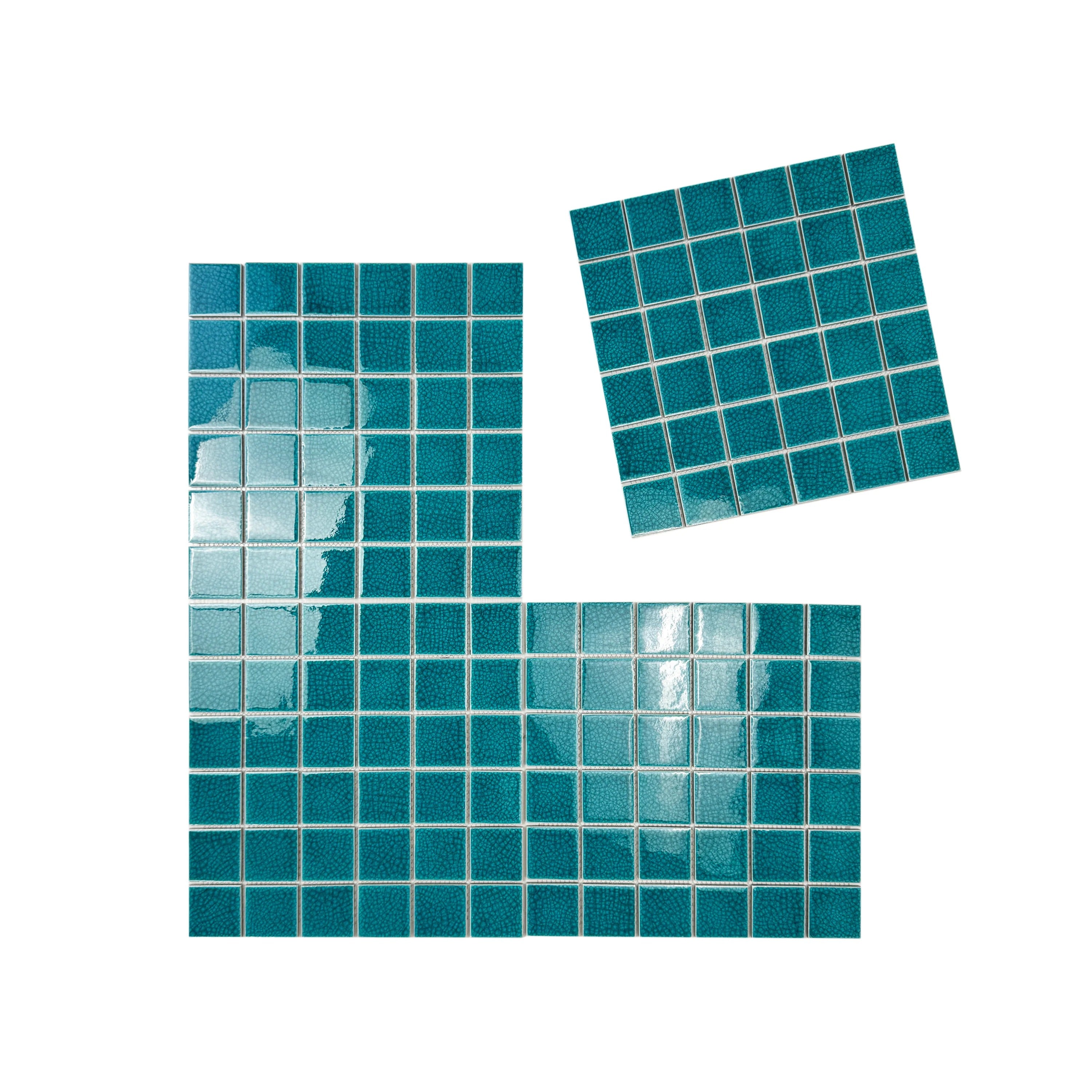 Elegant Tiffany Blue Double Crackle Porcelain Mosaic tiles. Durable, UV-resistant, waterproof – ideal for pools, spas & luxury aquatic designs in Dubai.