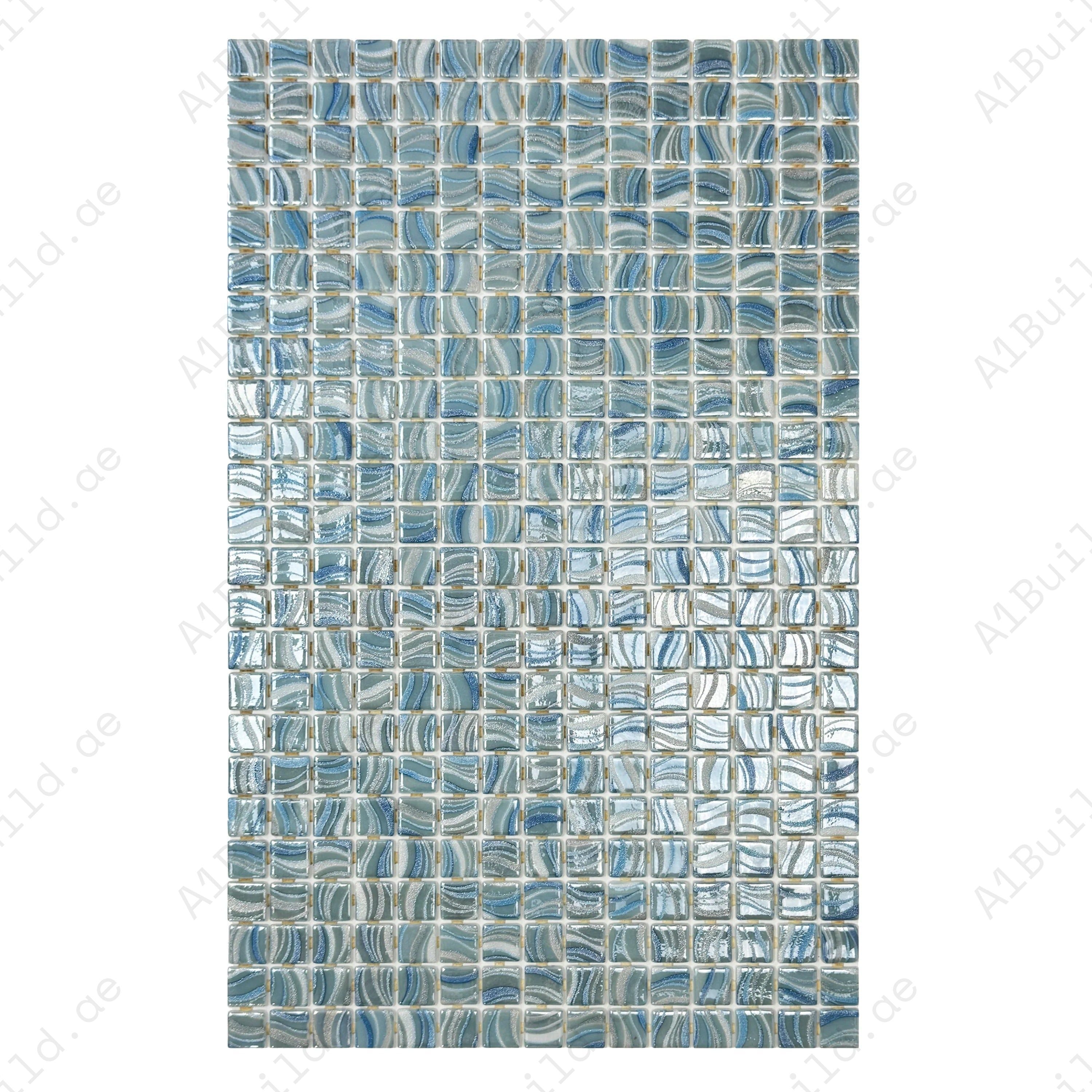 Elegant white, royal blue & baby blue recycled glass mosaic with glossy streaked texture, UV and slip-resistant, ideal for pools, spas & water features.