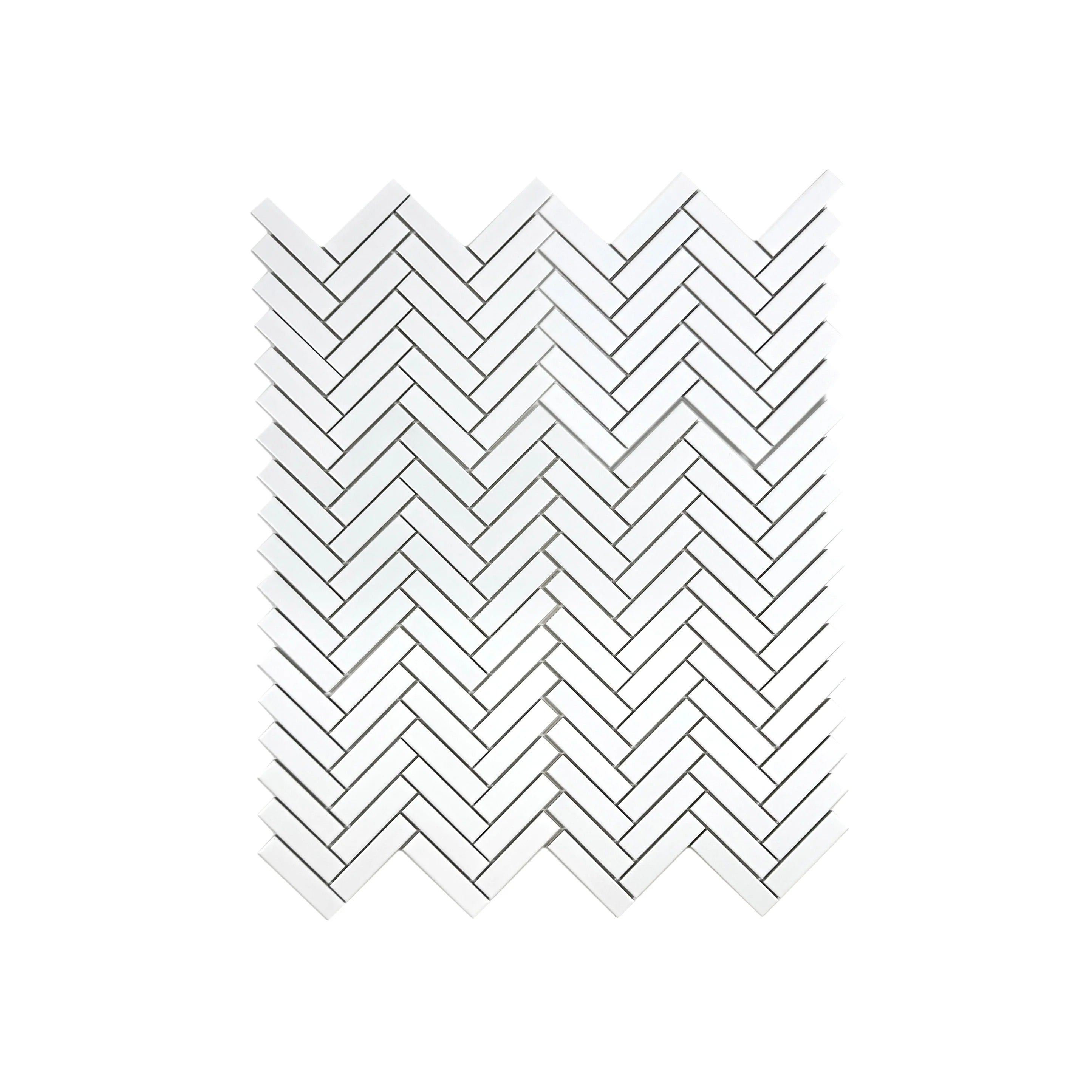 Elevate interiors with Carrara Lumina Pure White Herringbone Porcelain Mosaic. Durable, stylish, and versatile, perfect for walls, backsplashes, and floors.
