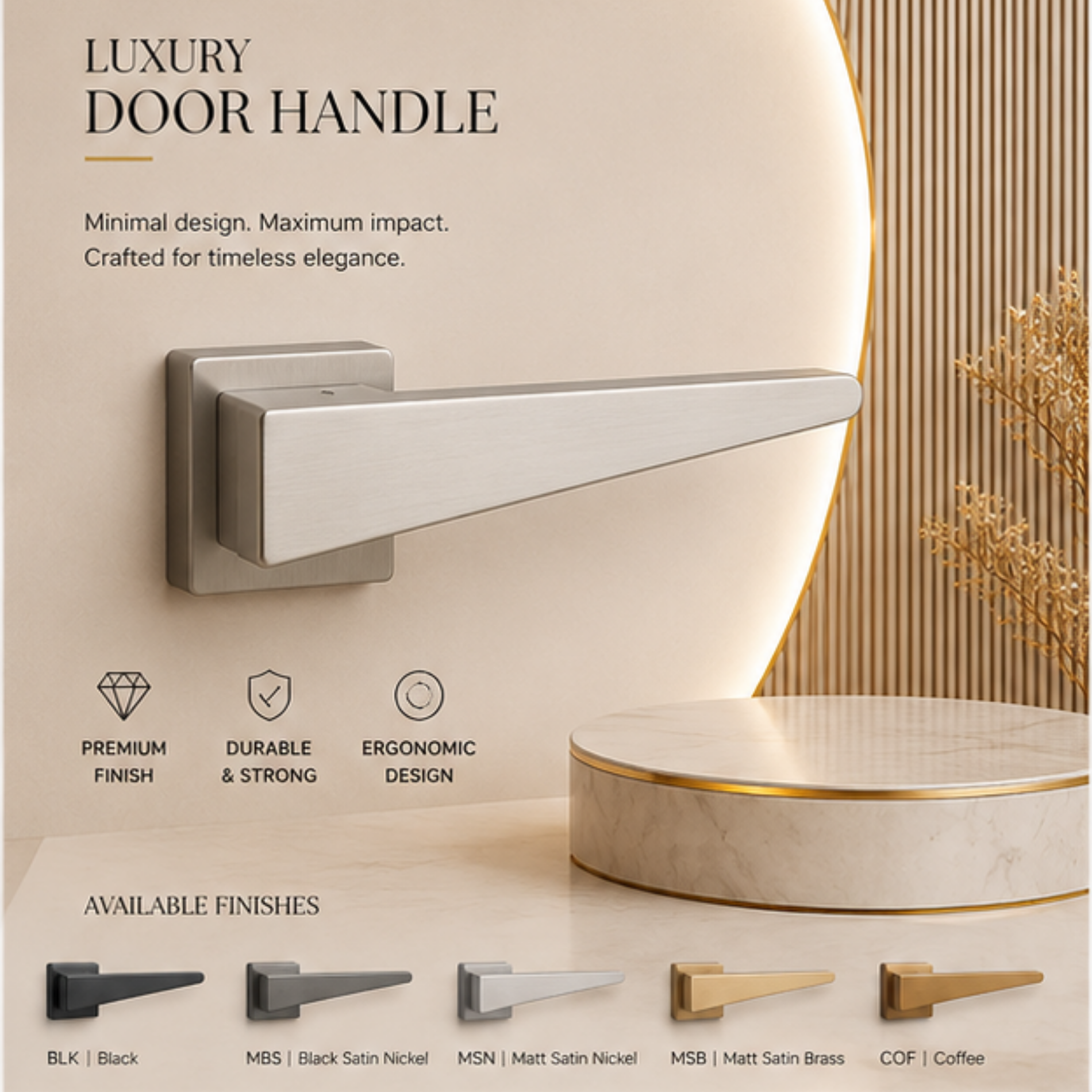 Enhance modern interiors with the ZR210147 luxury zinc alloy door handle in Black, Black Satin Nickel and Matt Satin Brass finishes.