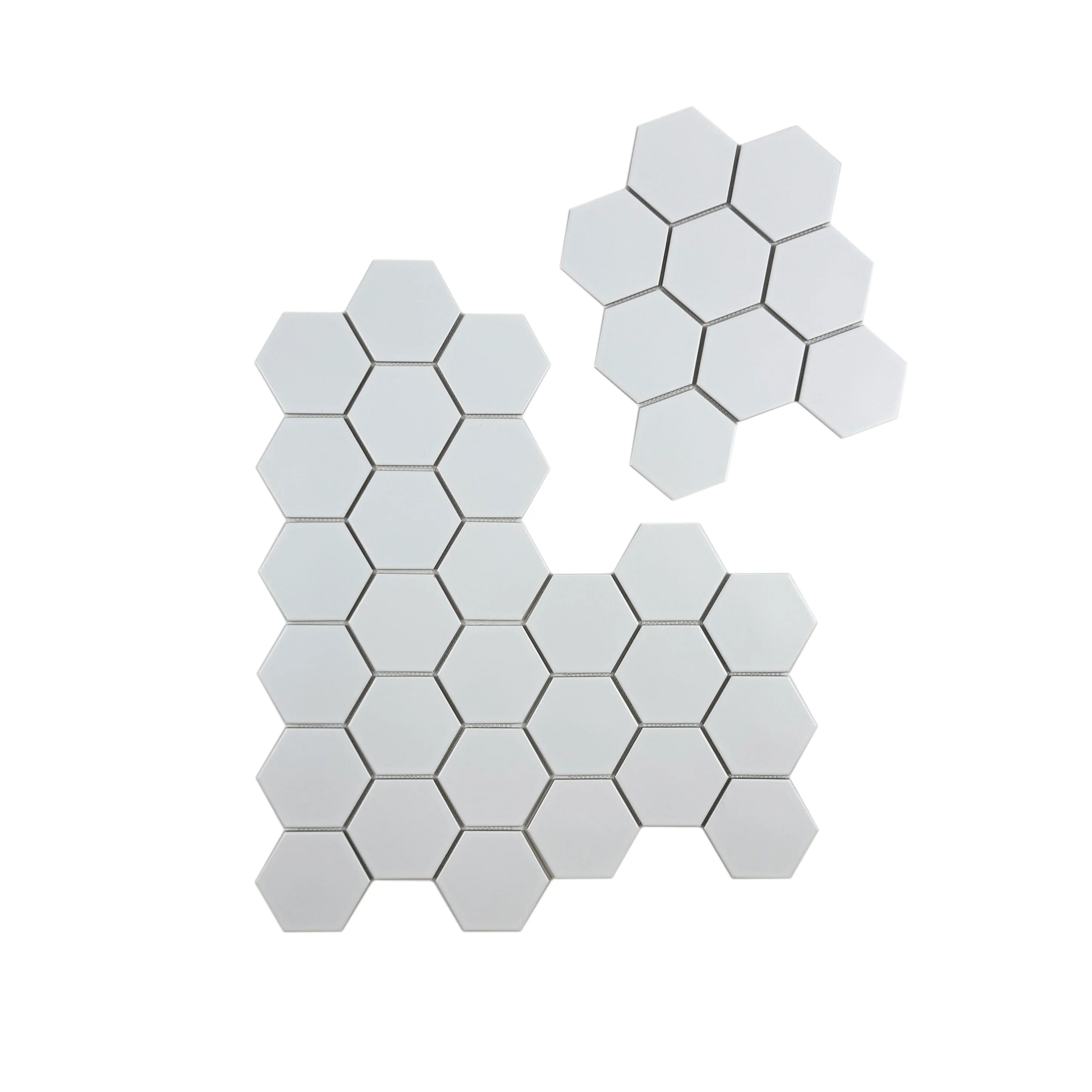 Enhance spaces with Carrara Lumina Pure White Hexagon Porcelain Mosaic. Durable, stylish, and versatile, perfect for walls, backsplashes, and flooring.