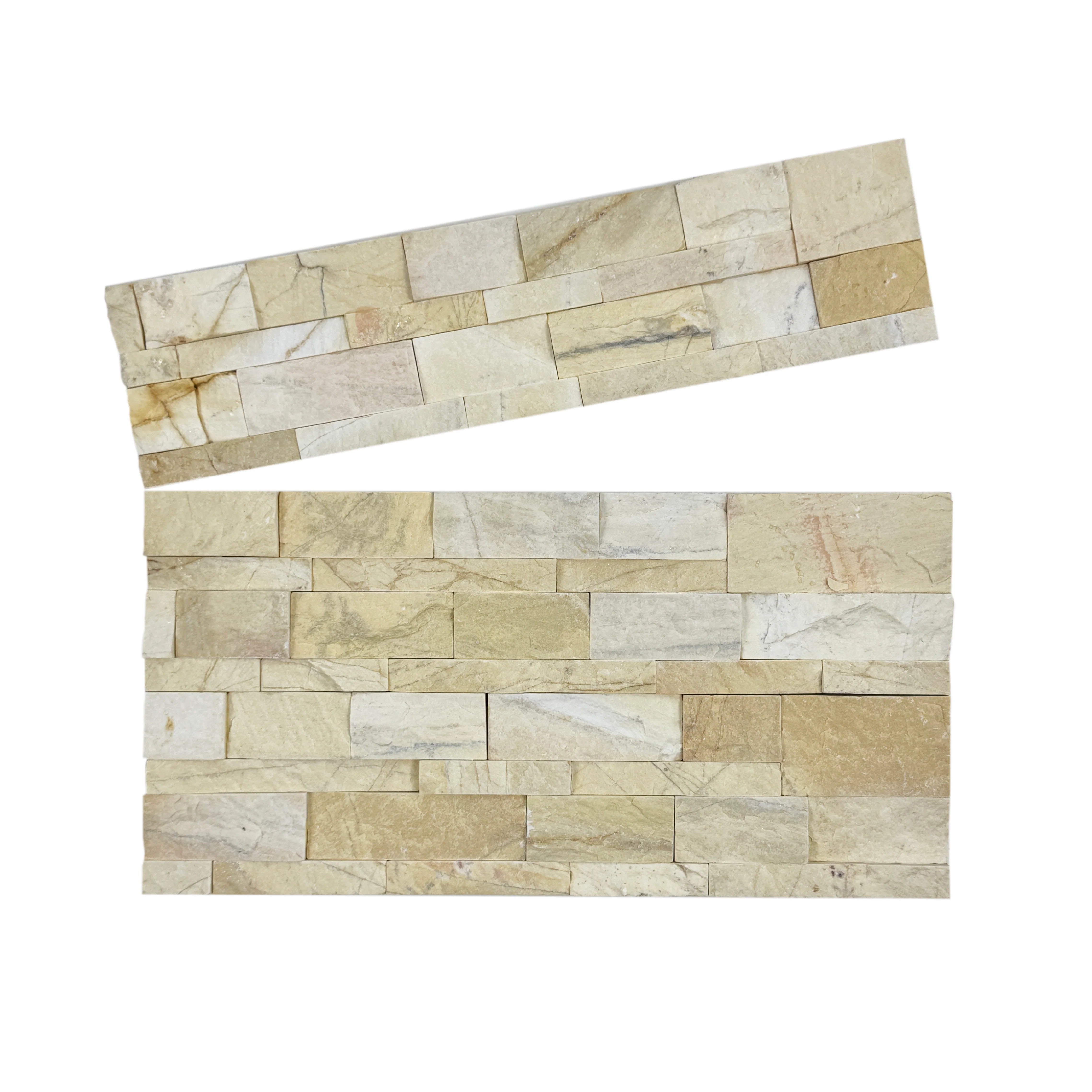 Enhance spaces with Luxe Aura Light Goldenrod marble cladding. Mixed-size split slate finish, durable & stylish for feature walls, fireplaces & outdoor facades.