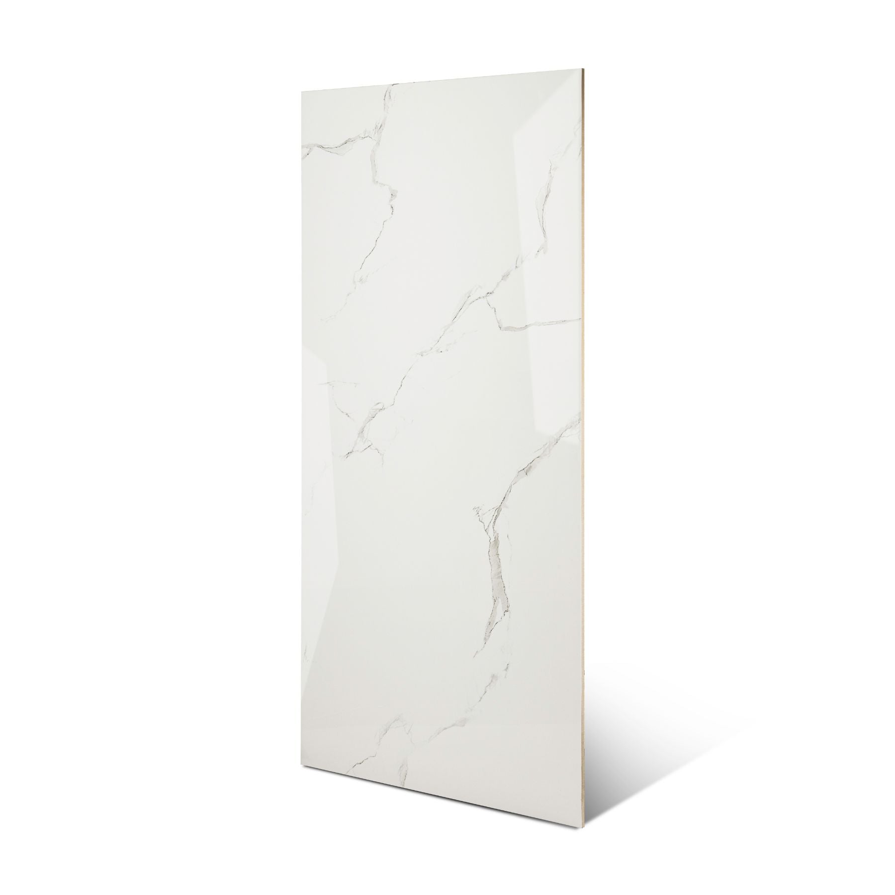 Eterna White glossy marble effect porcelain tile 60x120cm with 9mm thickness features bright white base, soft grey veins and polished finish.