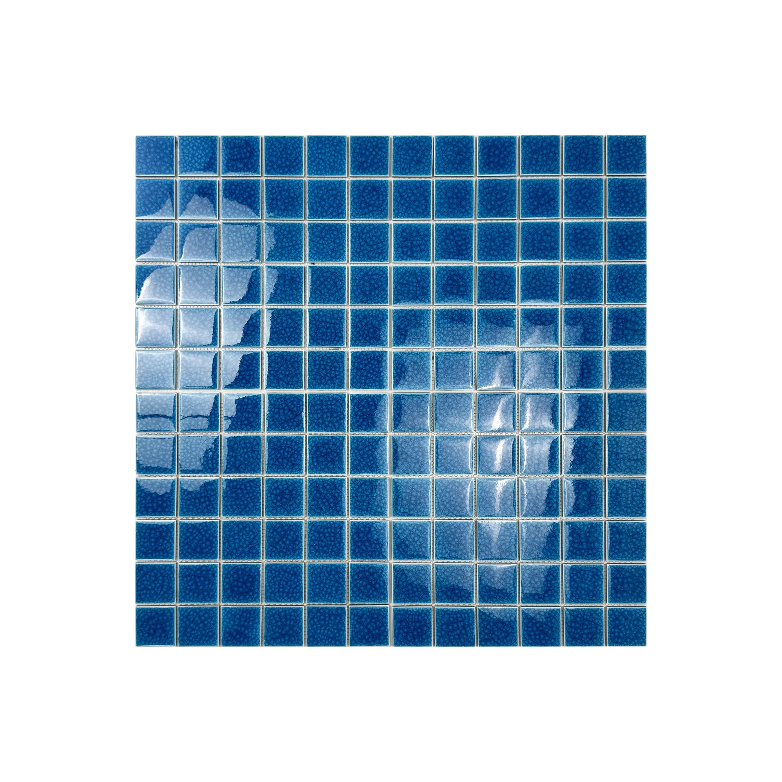 French Blue double crackle porcelain mosaic tiles. UV-resistant, slip-proof, and waterproof—perfect for luxury pools, spas, and decorative aquatic walls in Dubai.