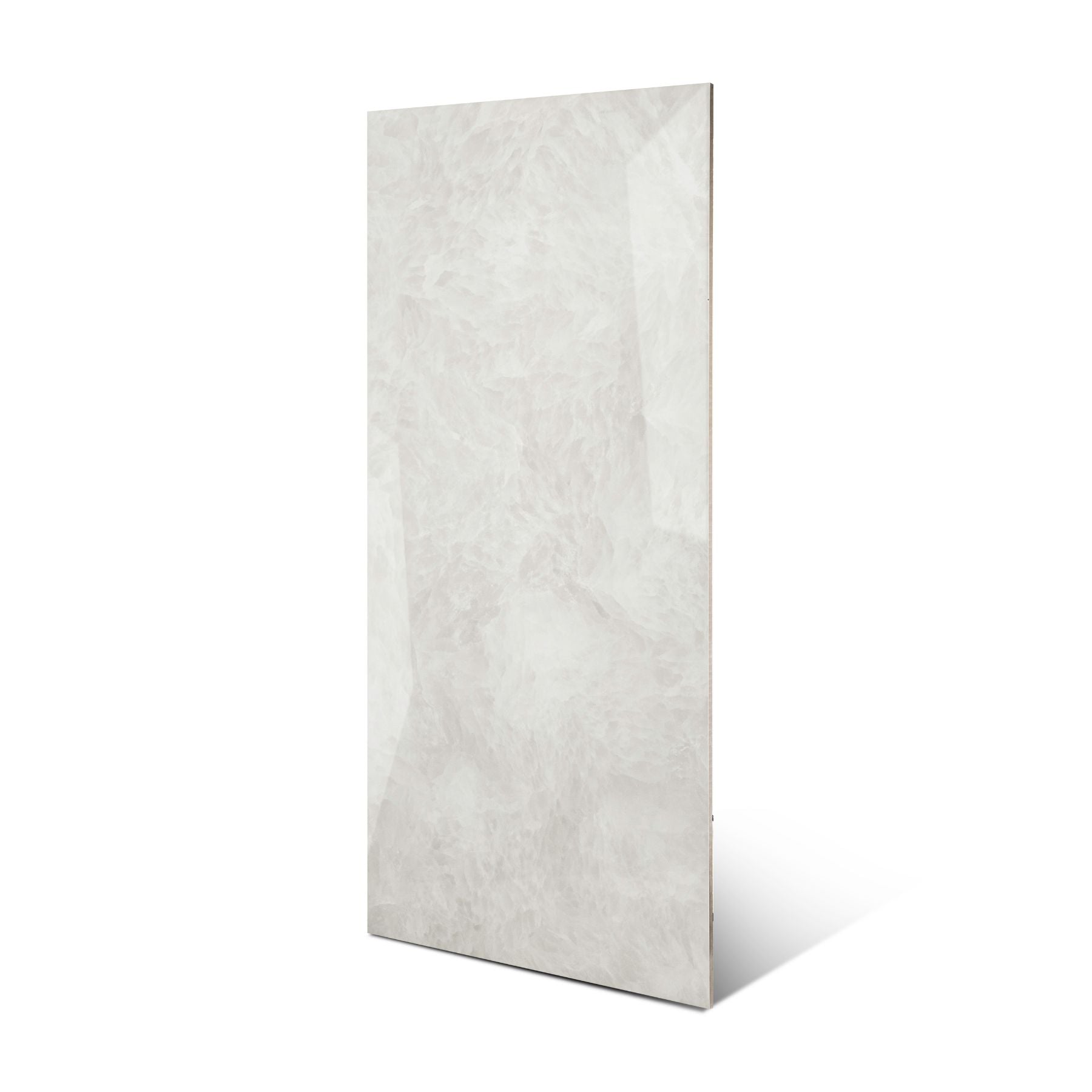 Fur Ice glossy marble effect porcelain tile 60x120cm with 9mm thickness features icy white base, soft grey texture and polished finish.