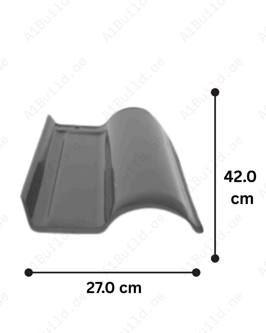 Grafiti grey curved ceramic roof tile 42×27 cm. 2.8kg, 12 tiles/m². Sleek industrial finish with weatherproof, durable design.