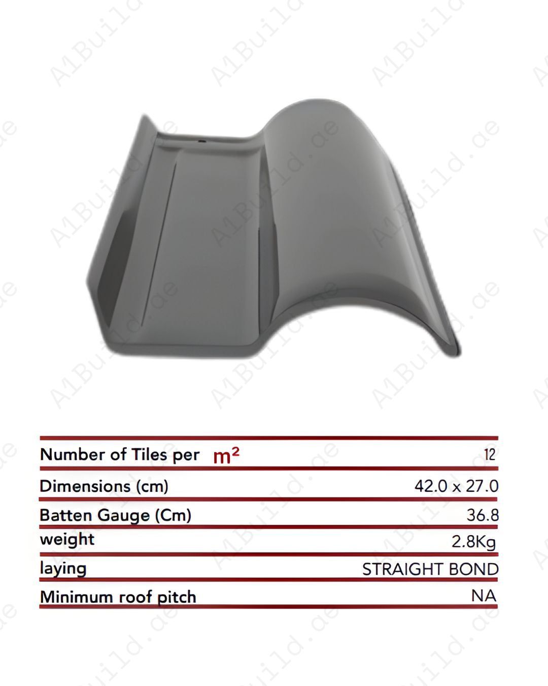 Grafiti grey curved ceramic roof tile 42×27 cm. 2.8kg, 12 tiles/m². Sleek industrial finish with weatherproof, durable design.