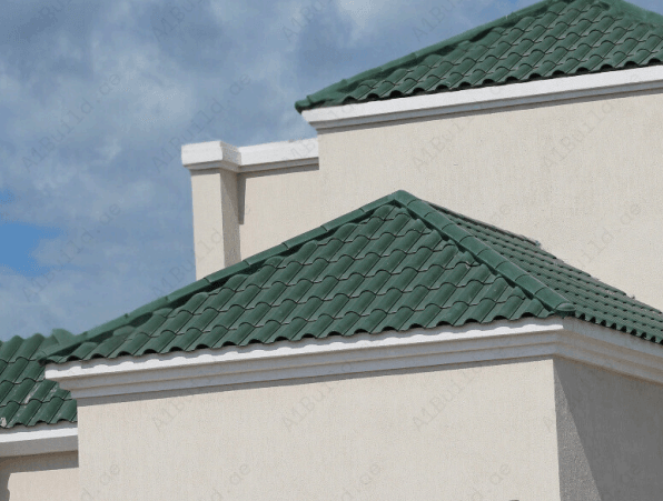 Green curved ceramic roof tile 42×27 cm, 2.8kg, 12/m². Long-lasting color, weather-resistant design, elegant natural look.