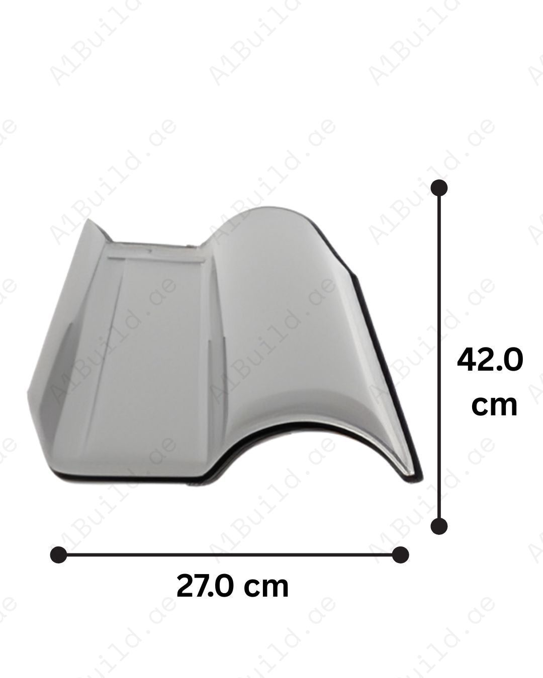 Grey curved ceramic roof tile 42×27 cm, 2.8kg. 12 tiles/m². Modern sleek finish, strong weatherproof ceramic design.