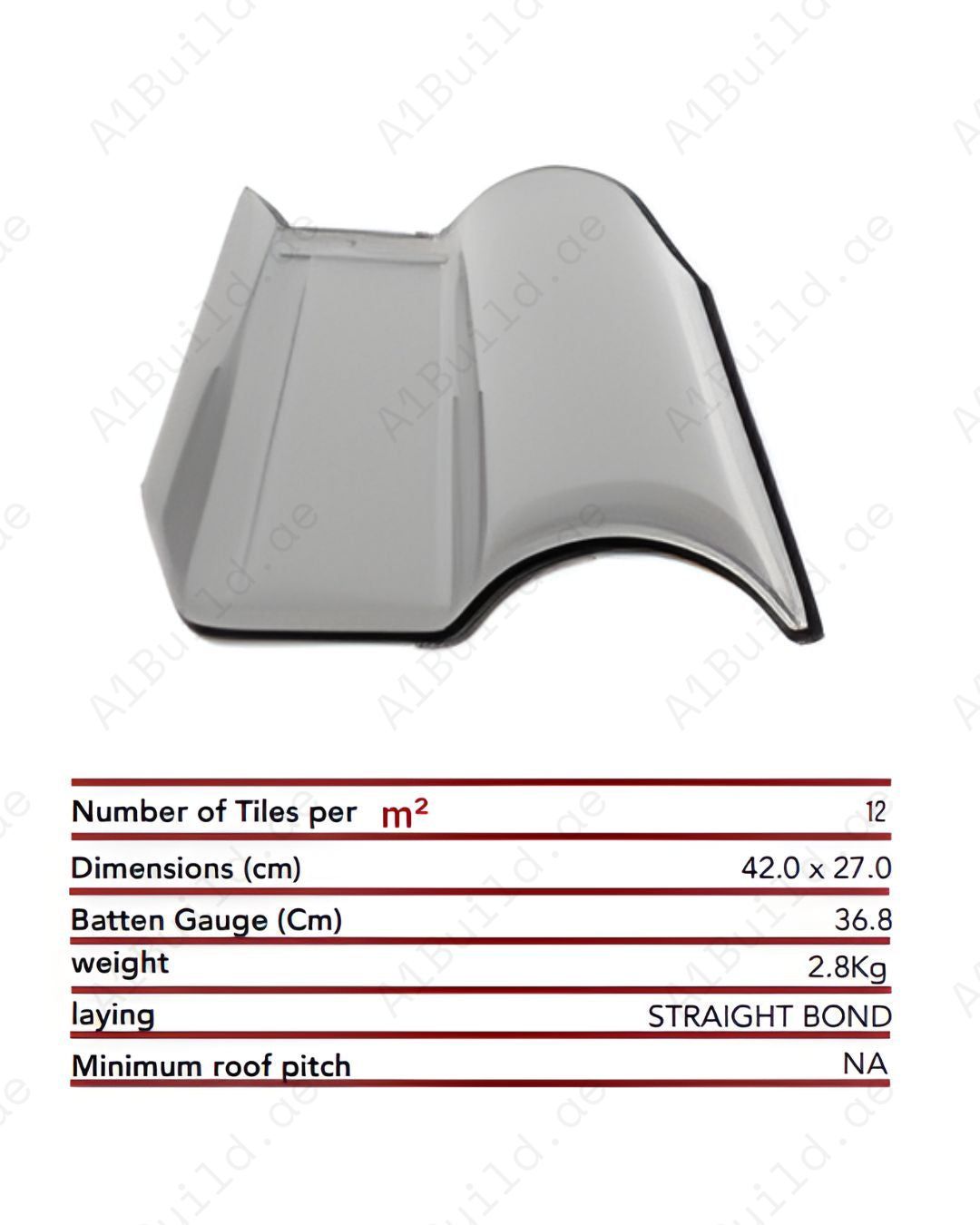 Grey curved ceramic roof tile 42×27 cm, 2.8kg. 12 tiles/m². Modern sleek finish, strong weatherproof ceramic design.