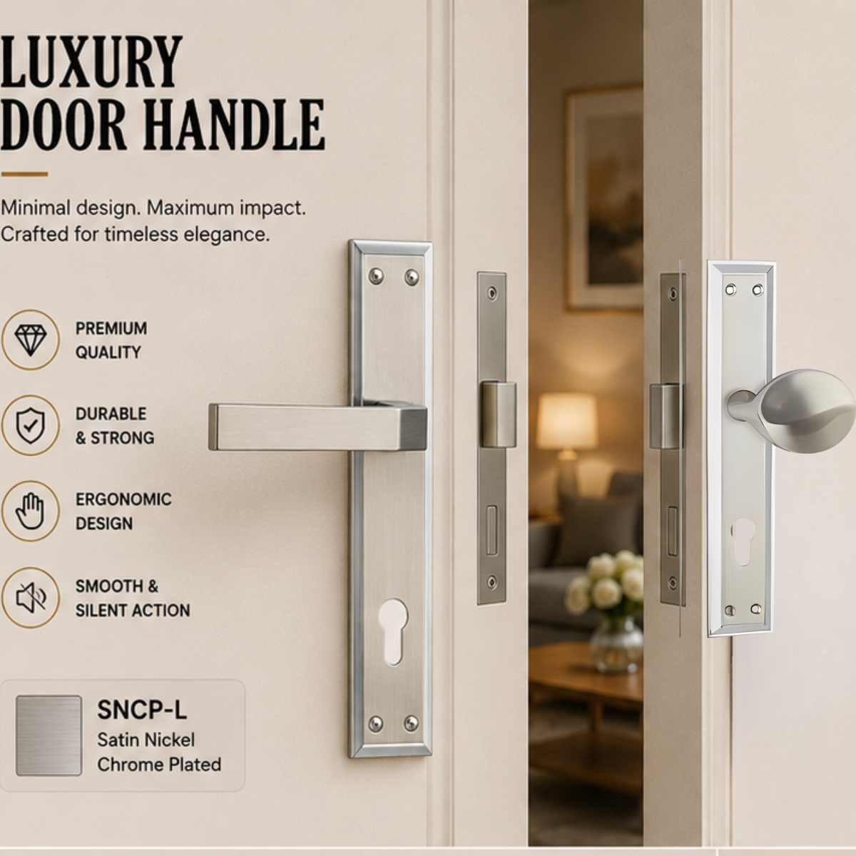 HP.9063.9649/F001 premium Zinc Alloy door lock with Satin Nickel Chrome Plated Light finish. Designed for elegant interiors, smooth operation, and reliable everyday performance.