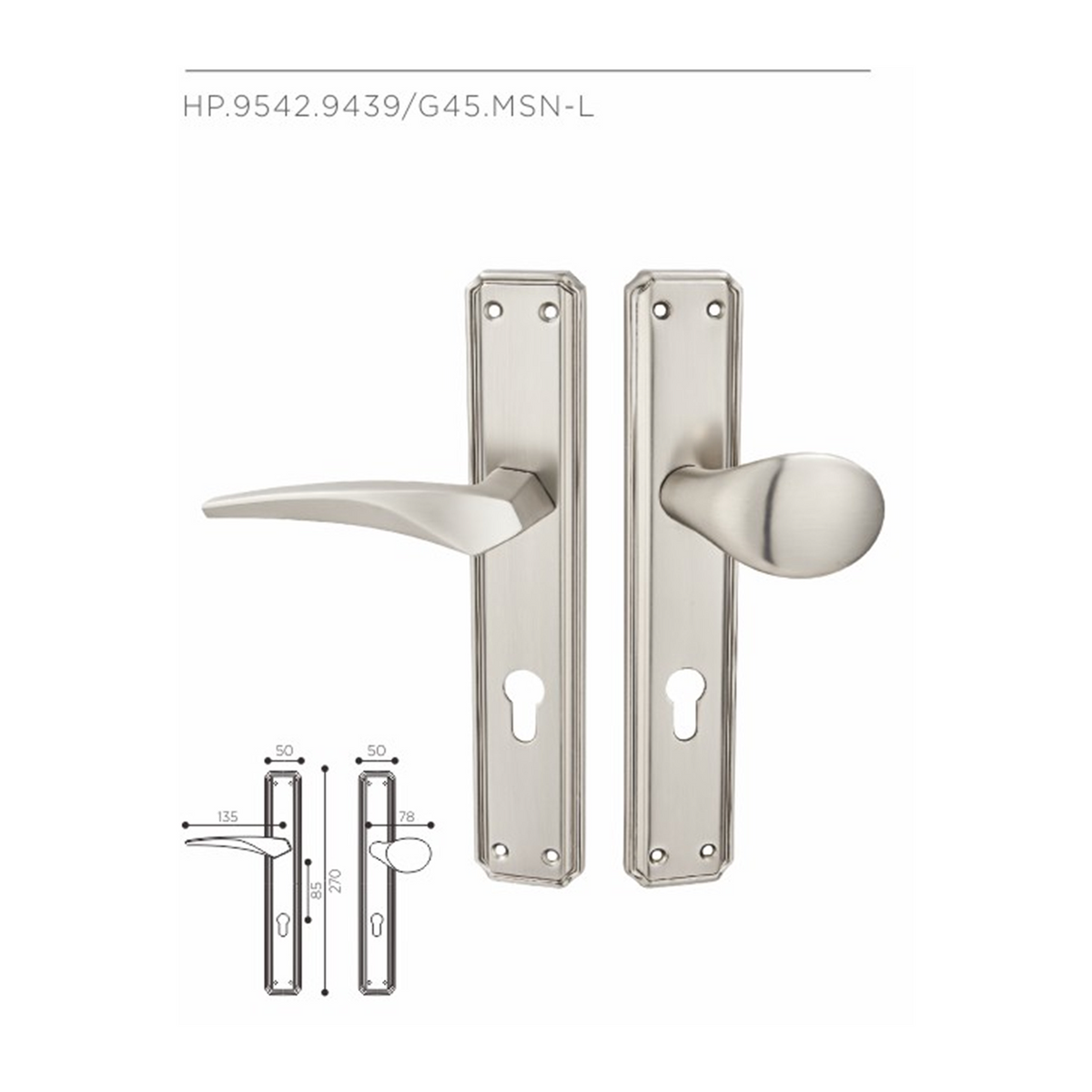HP.9542.9439/G45 premium Zinc Alloy door lock with Matt Satin Nickel Light finish. Designed for elegant interiors, smooth operation, and reliable everyday performance.