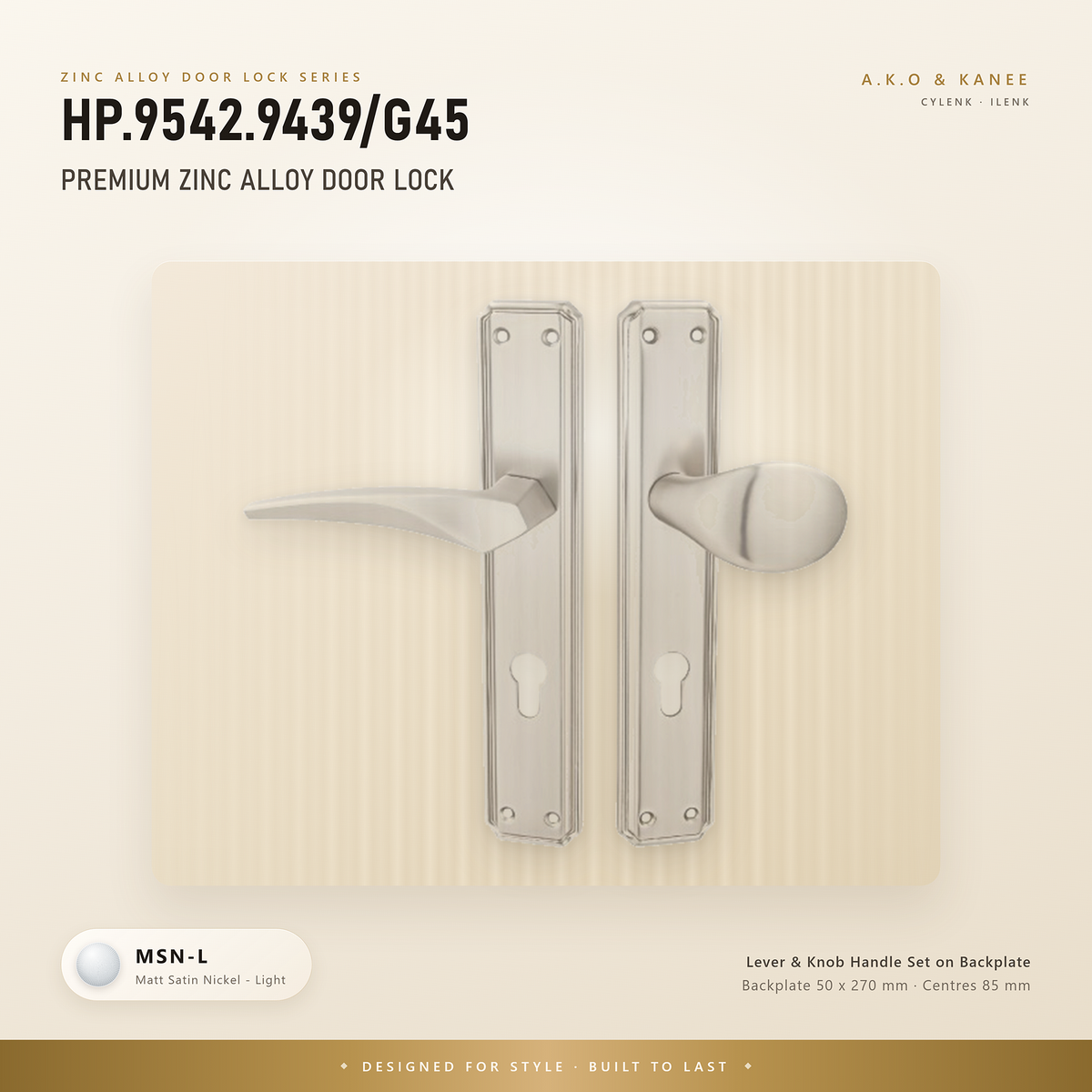 HP.9542.9439/G45 premium Zinc Alloy door lock with Matt Satin Nickel Light finish. Designed for elegant interiors, smooth operation, and reliable everyday performance.