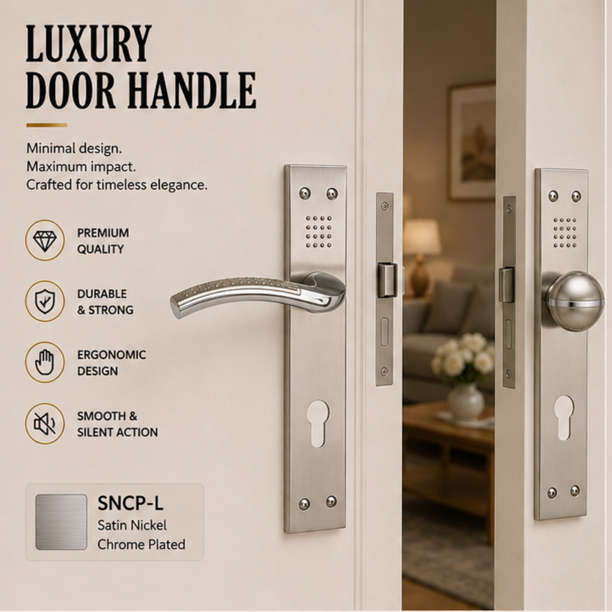 HP.9608.9611/300 premium Zinc Alloy door lock with Satin Nickel Chrome Plated Light finish. Designed for elegant interiors, smooth operation, and reliable everyday performance.