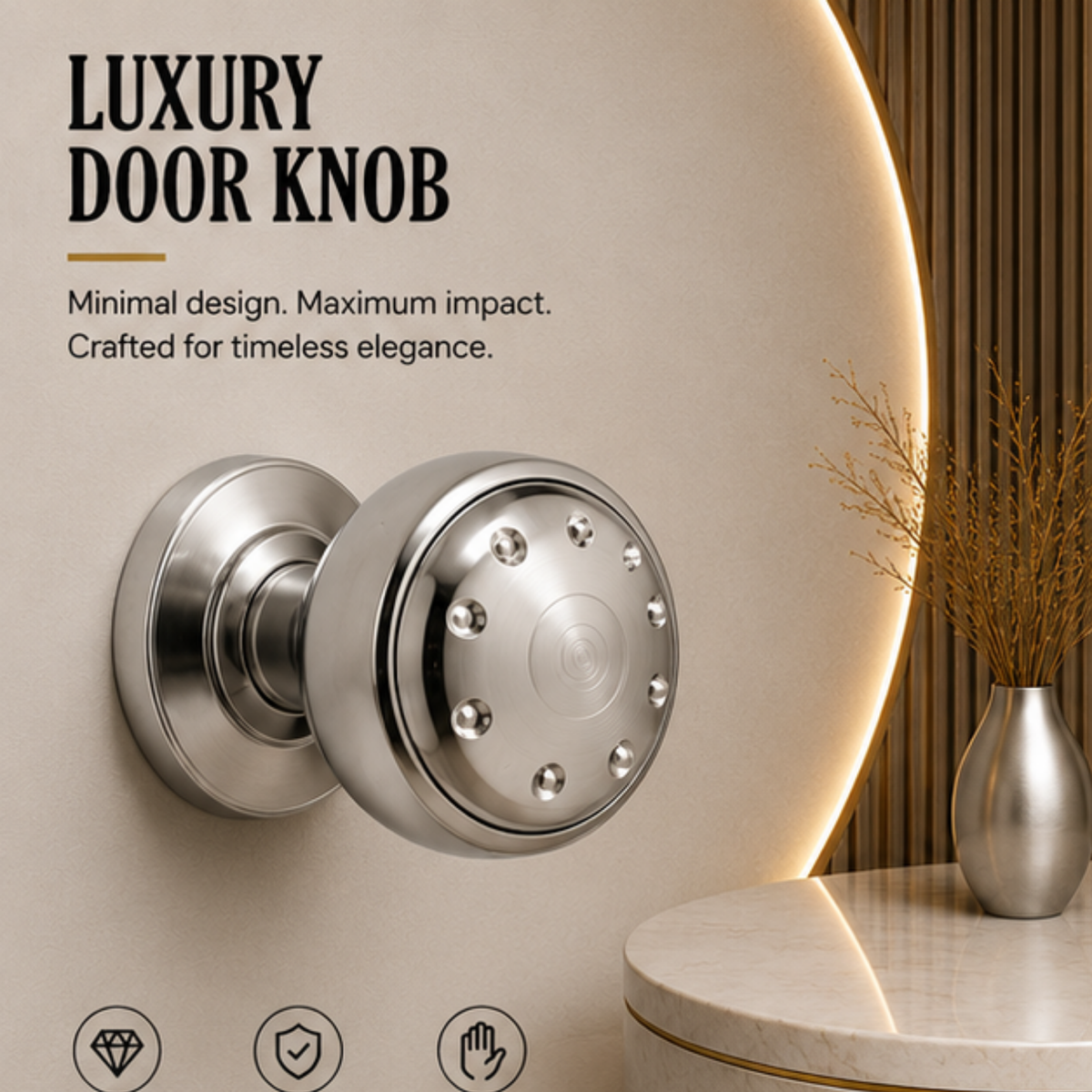 KN.G01.SNCP premium ball lock door knob in Satin Nickel Chrome Plated. 68 mm knob, 74.5 mm projection and a 79 mm round rose. Designed for elegant interiors, comfortable grip and reliable everyday performance.