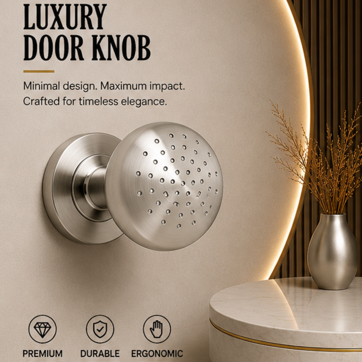 KN.G13.SN premium ball lock door knob in Satin Nickel. 62 mm knob, 72 mm projection and a 55 mm round rose. Designed for elegant interiors, comfortable grip and reliable everyday performance.