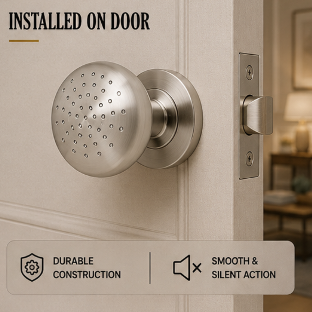 KN.G13.SN premium ball lock door knob in Satin Nickel. 62 mm knob, 72 mm projection and a 55 mm round rose. Designed for elegant interiors, comfortable grip and reliable everyday performance.