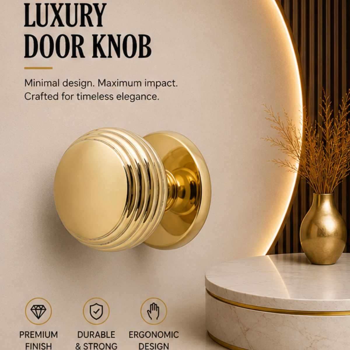 KN.G14.PVD premium ball lock door knob in PVD Gold. 74 mm knob, 80.5 mm projection and a 79 mm round rose. Designed for elegant interiors, comfortable grip and reliable everyday performance.