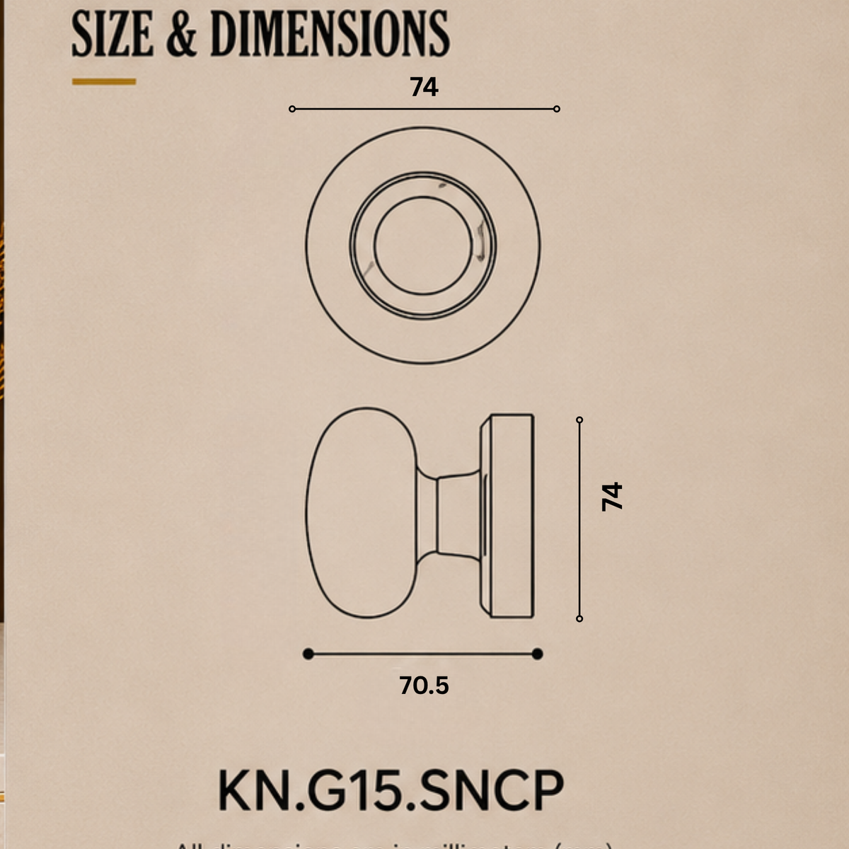 KN.G15.SNCP premium ball lock door knob in Satin Nickel Chrome Plated. 74 mm knob, 70.5 mm projection and a 74 mm round rose. Designed for elegant interiors, comfortable grip and reliable everyday performance.