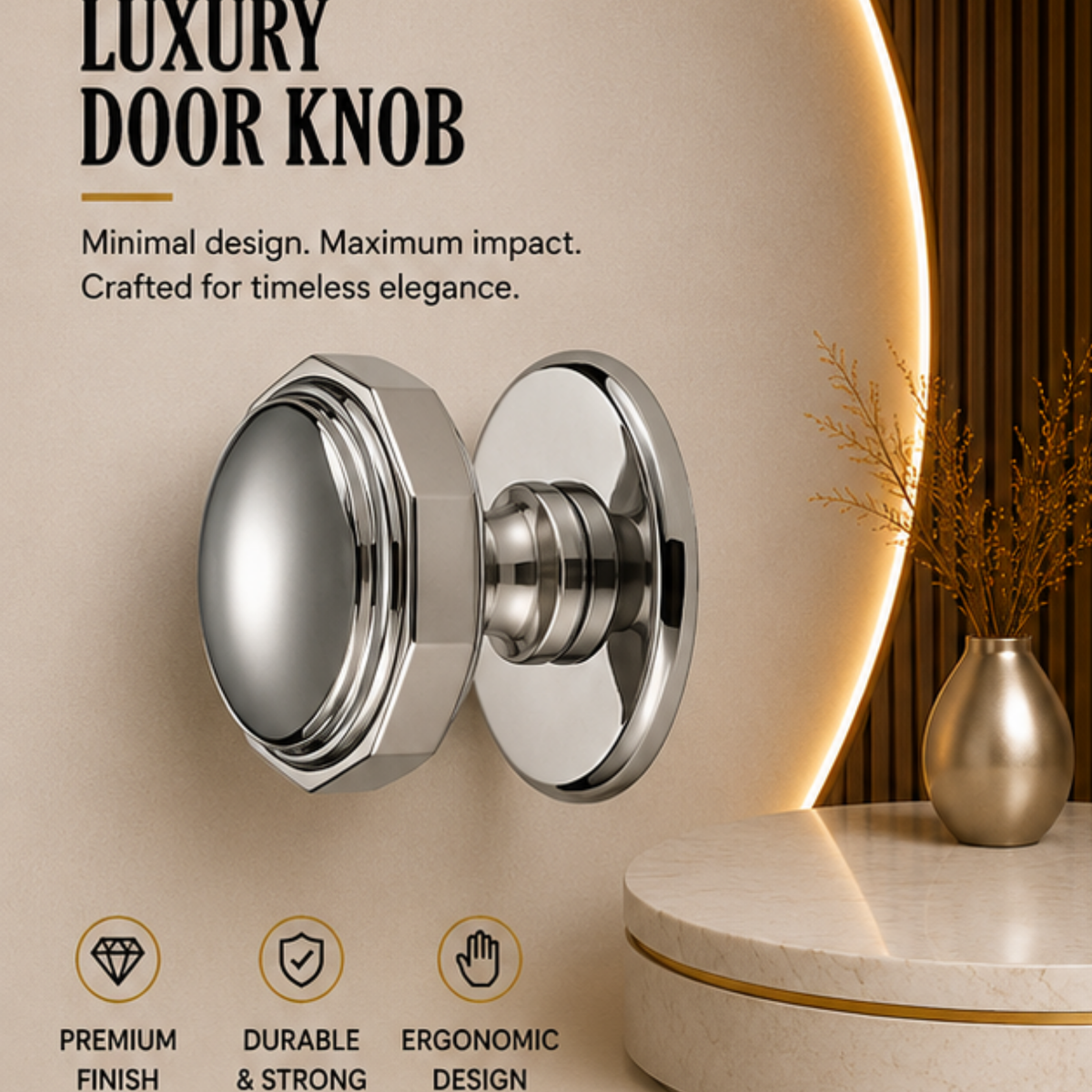KN.G21.SNCP premium ball lock door knob in Satin Nickel Chrome Plated. 72 mm knob, 68 mm projection and a 79 mm round rose. Designed for elegant interiors, comfortable grip and reliable everyday performance.