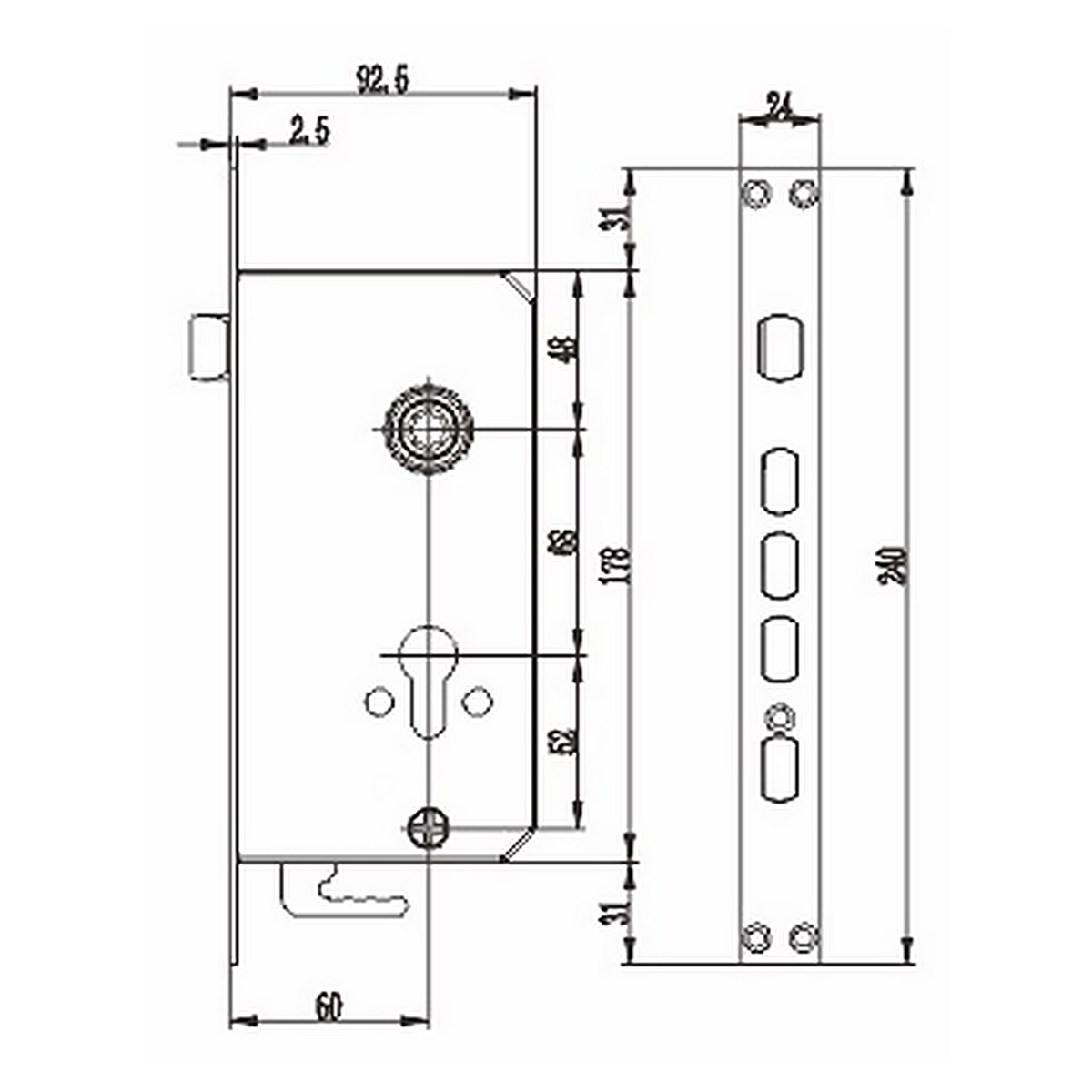 LB.251185.SS premium stainless steel mortise lock body with 25 mm backset, 85 mm centre distance and a 240 mm faceplate. Designed for smooth operation, secure latching and reliable everyday performance.