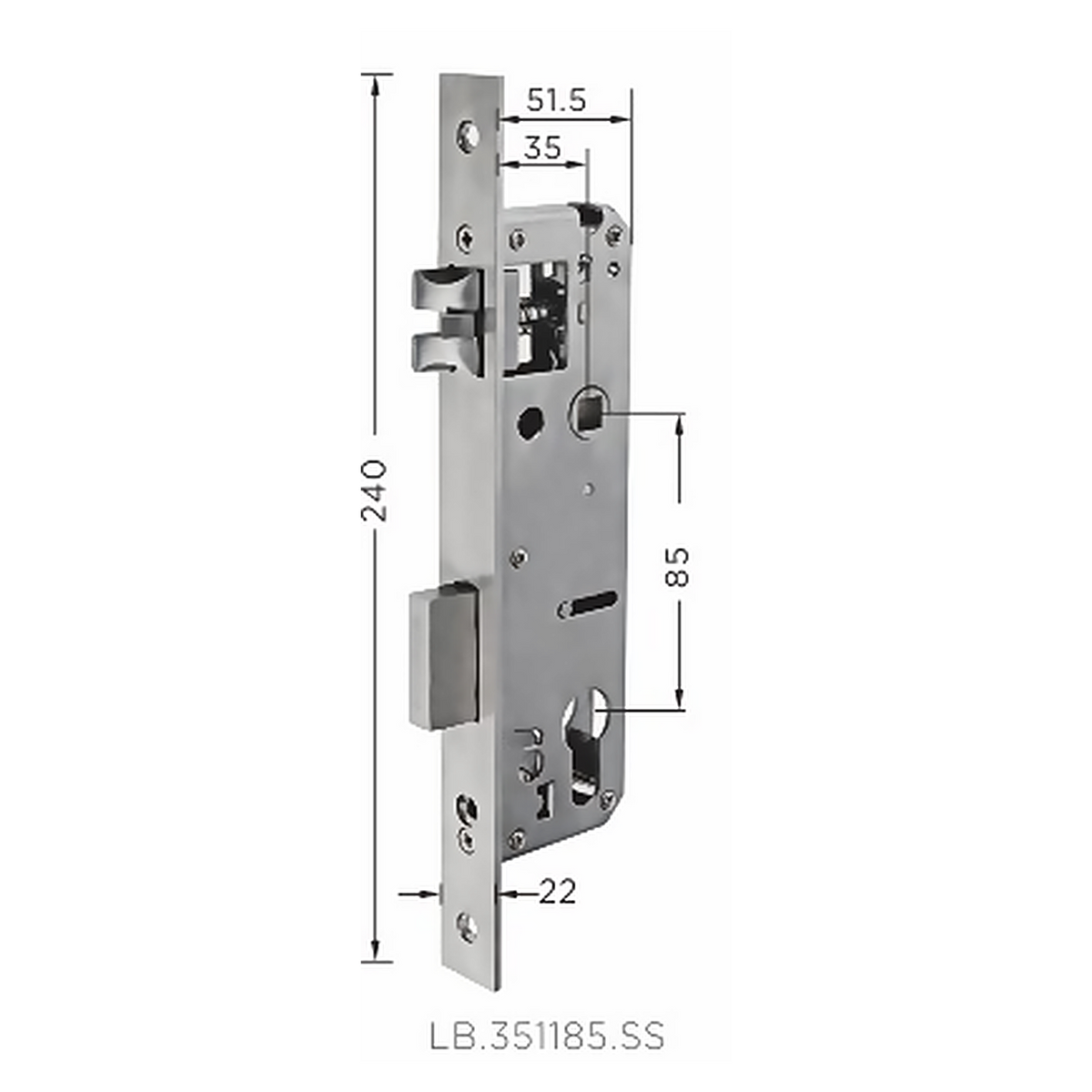 LB.351185.SS premium stainless steel mortise lock body with 35 mm backset, 85 mm centre distance and a 240 mm faceplate. Designed for smooth operation, secure latching and reliable everyday performance.