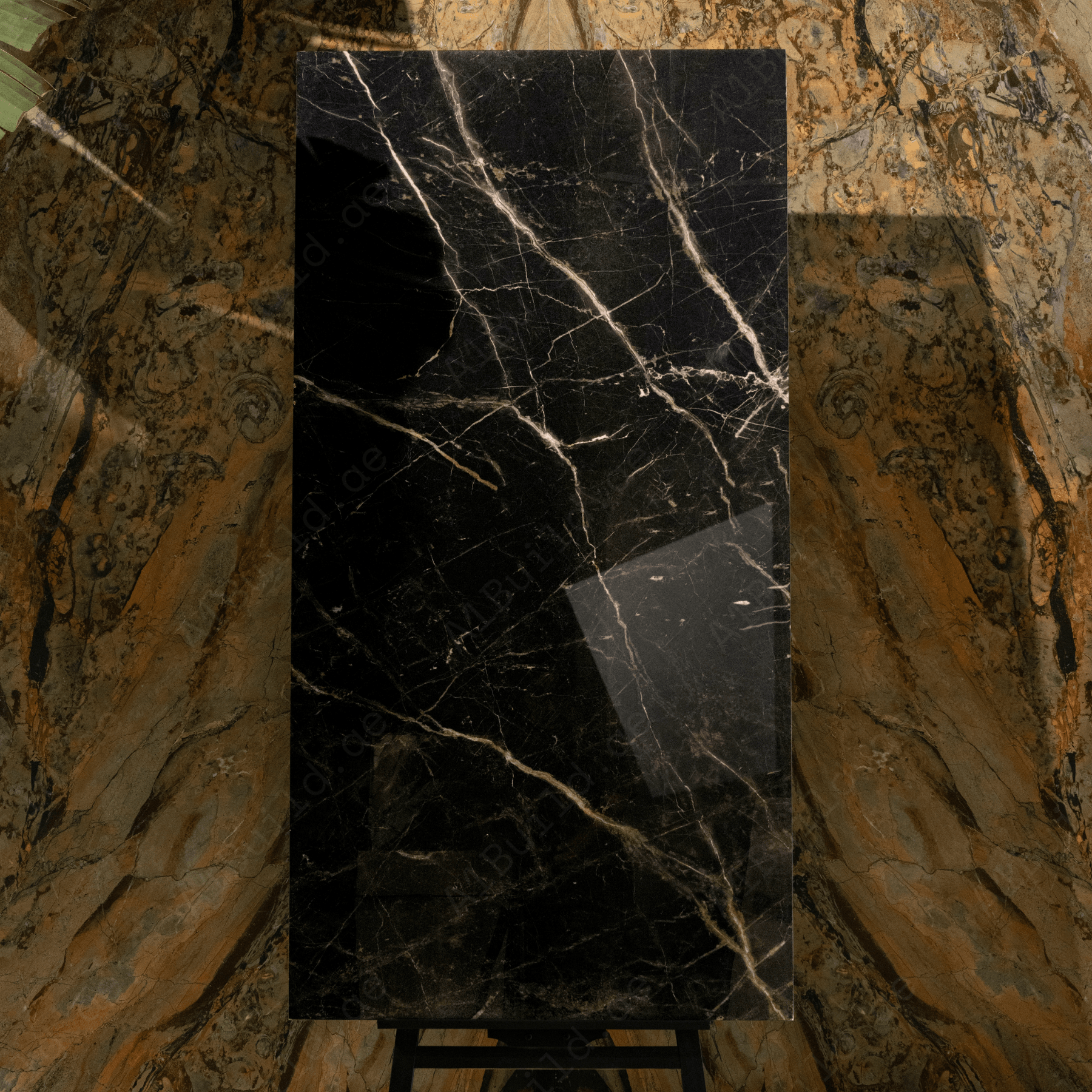 Laurent Black 80x160cm high glossy porcelain tile, 09mm thick with bold golden veining. Luxurious, durable, and perfect for modern statement interiors.