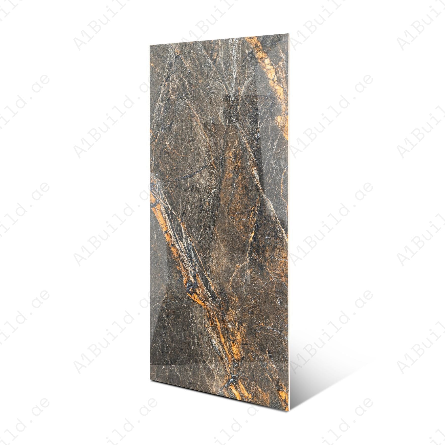 Lava Brown glossy porcelain tile 60x120cm with 9mm thickness features rich brown tones, natural stone texture and elegant polished finish.