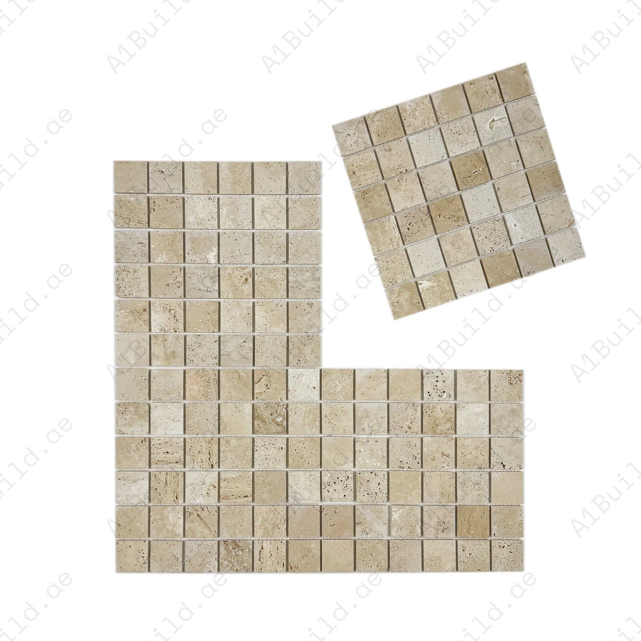 Light Beige honed travertine marble mosaic features warm beige tones with subtle natural veining, ideal for walls, backsplashes, and decorative interiors.