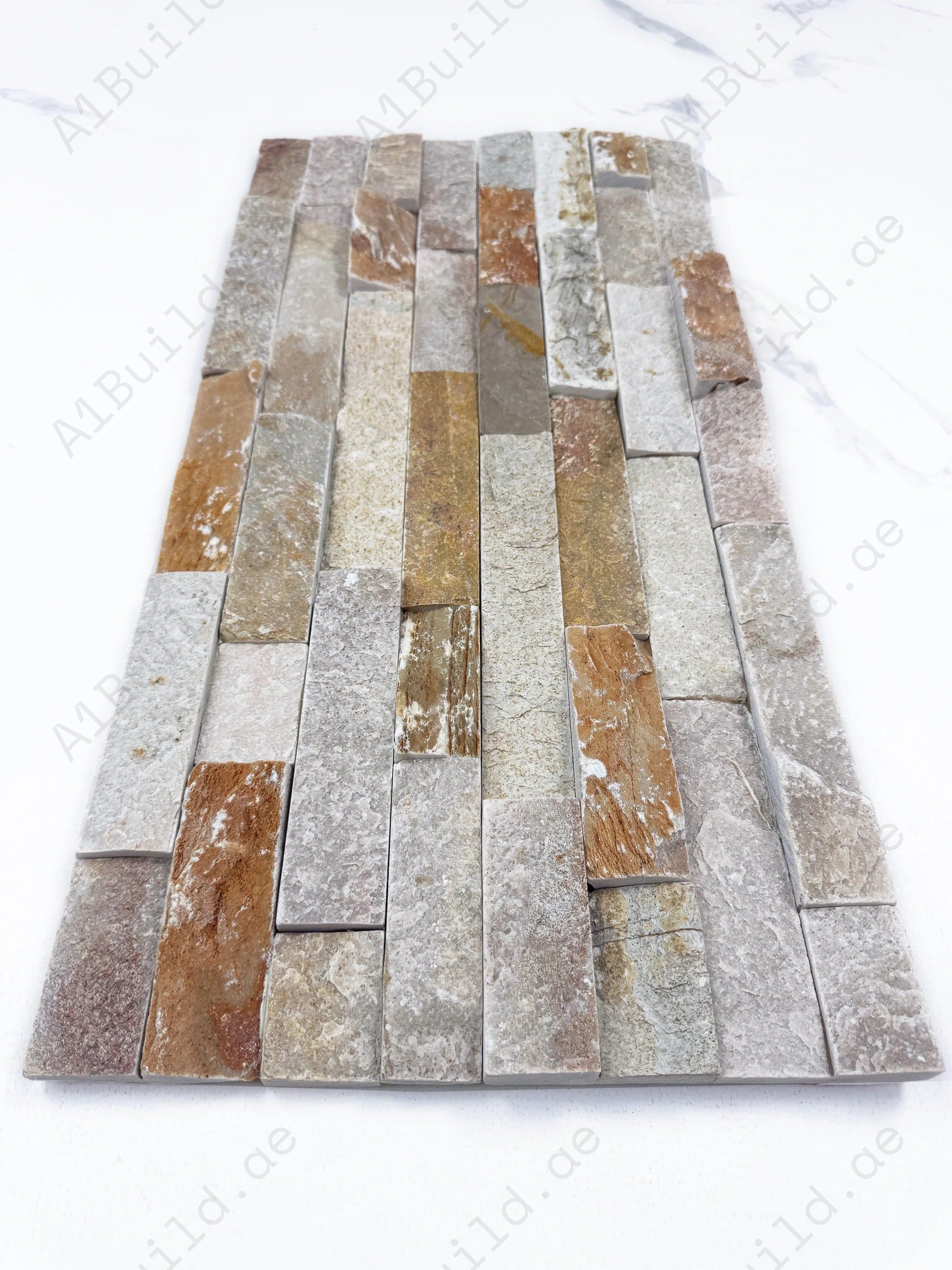 Light pink, chiffon white, French beige and khaki beige slate wall cladding, 150x600mm, natural & split surfaces. 5 pcs/box (0.45 sqm), 41Kg/sqm. Indoor/outdoor