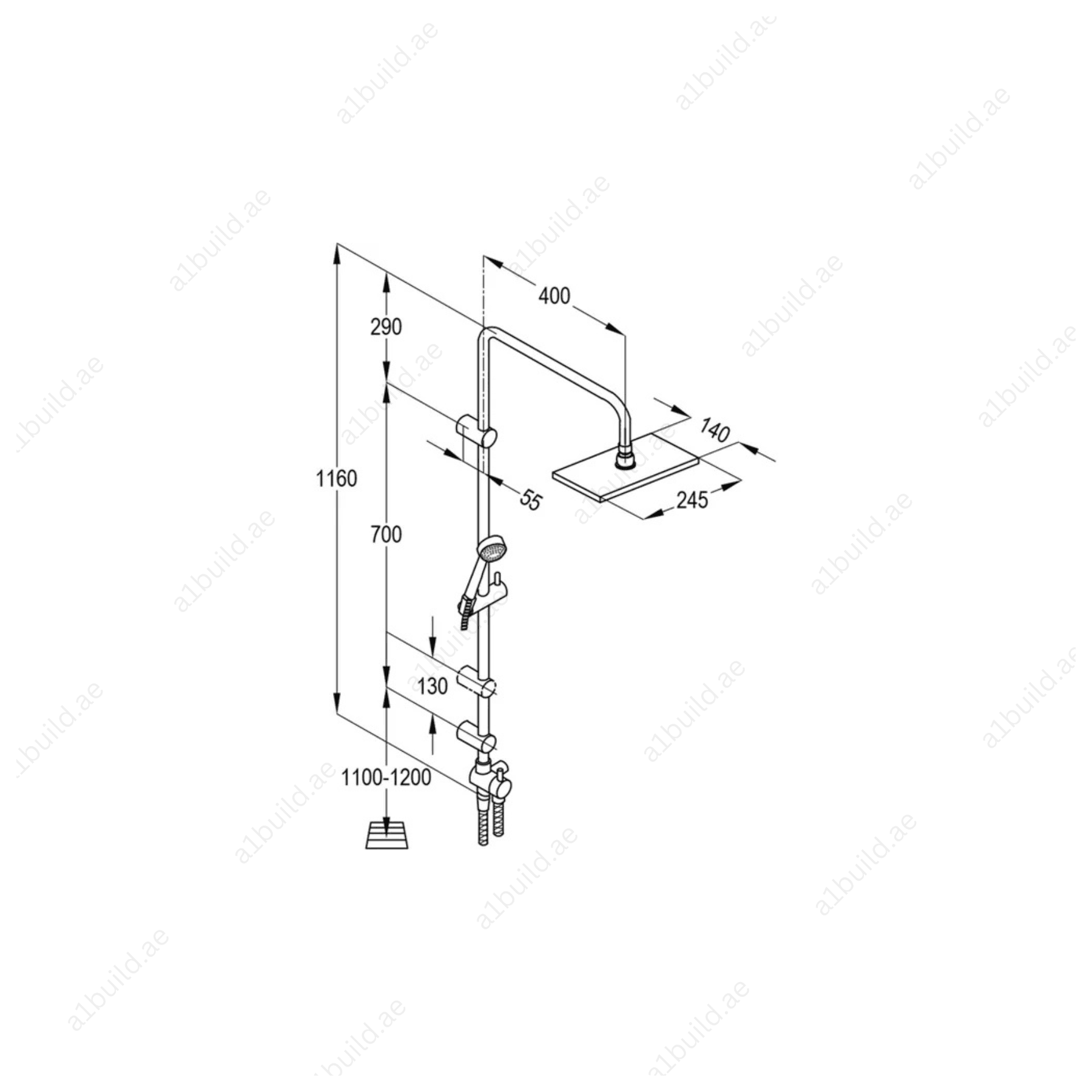 Dual Shower System L = 1160 mm | Chrome | Swivel Square Head Shower