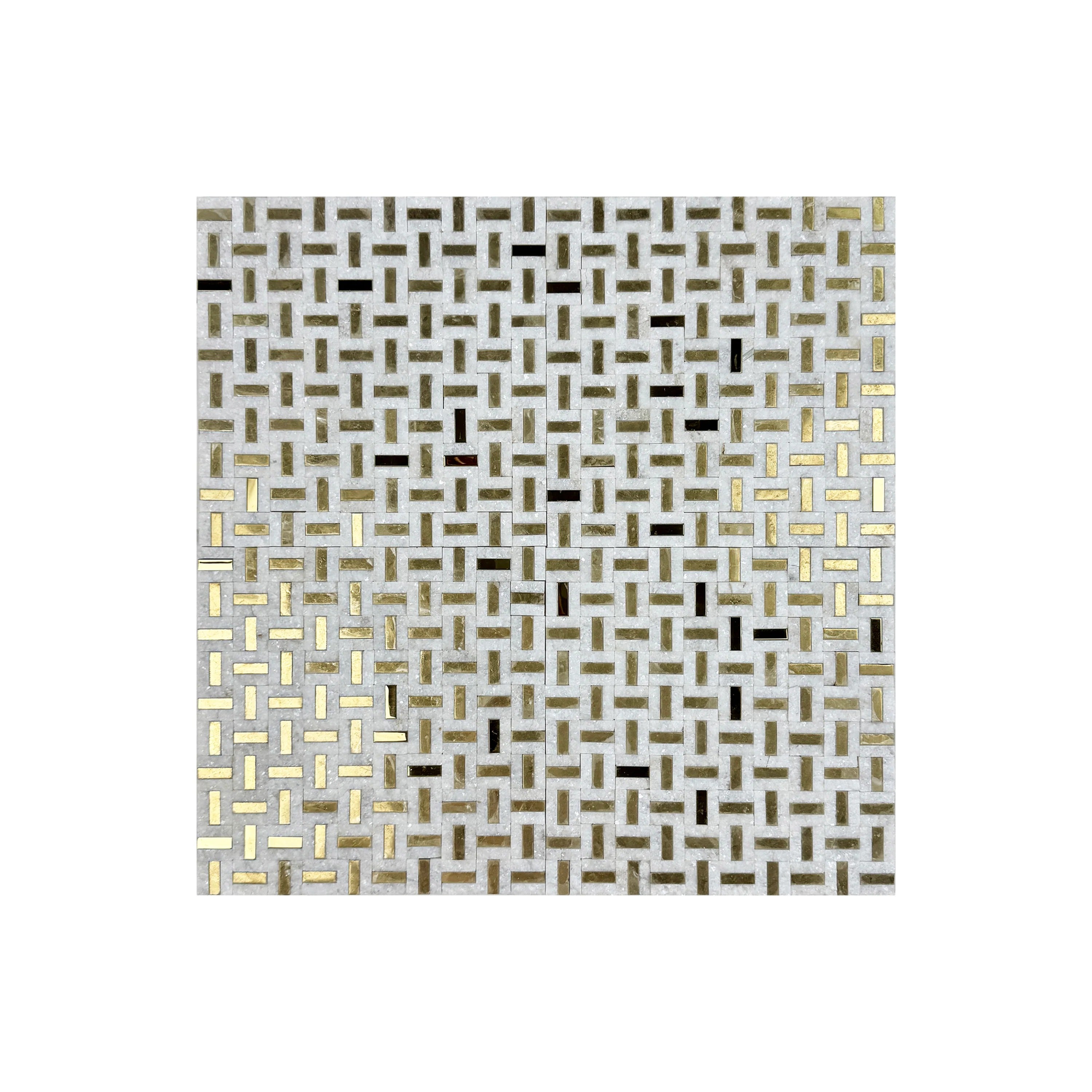 Luxury white marble mosaic with gold stainless steel accents, split surface design, durable, stylish, ideal for walls, kitchens, and high-end interiors.