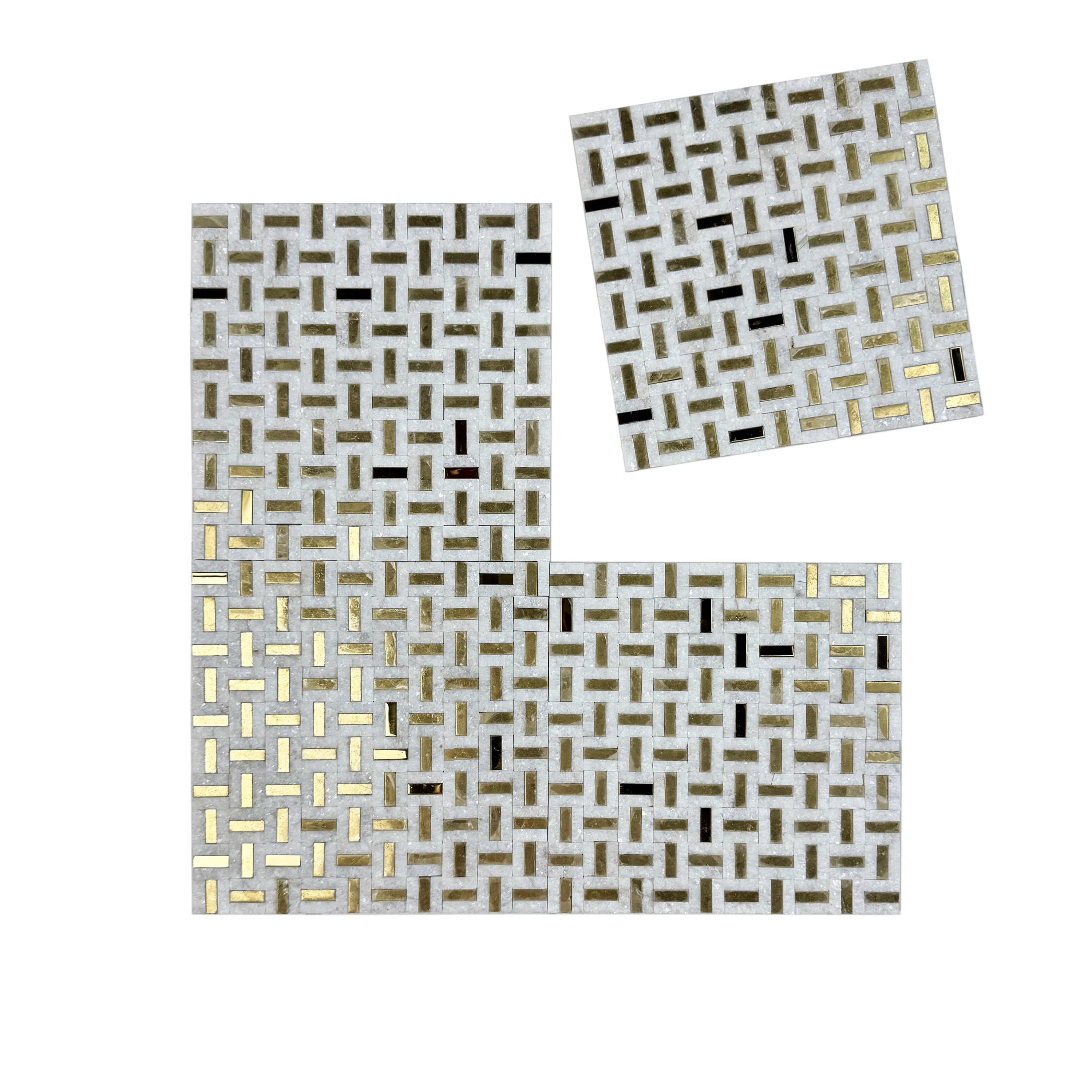 Luxury white marble mosaic with gold stainless steel accents, split surface design, durable, stylish, ideal for walls, kitchens, and high-end interiors.