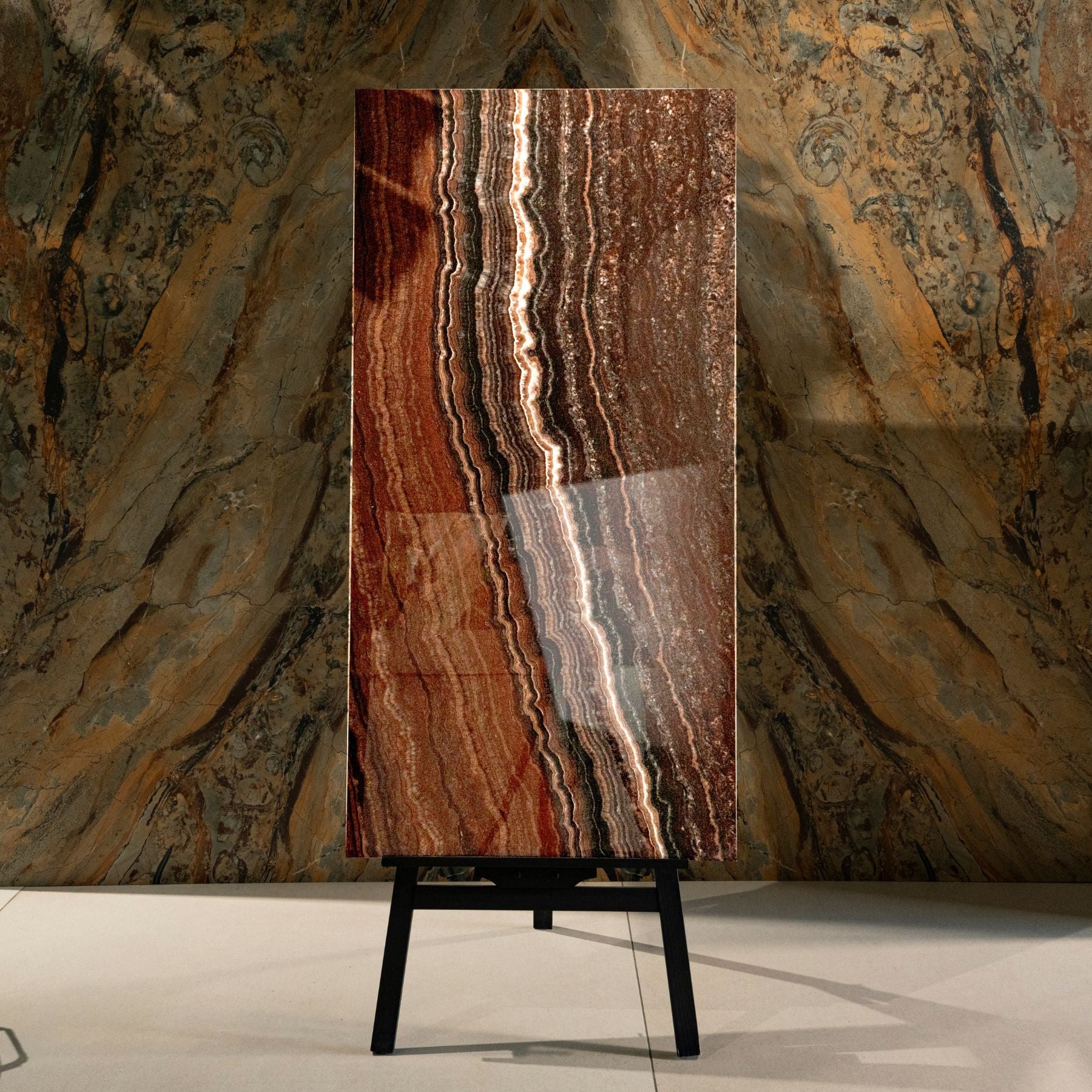 Mexican Onyx glossy onyx effect porcelain tile 60x120cm with 9mm thickness features warm amber tones and polished luxury finish.