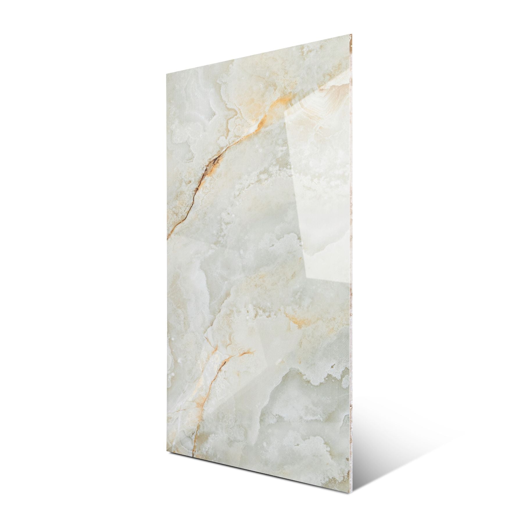 Misty Moss glossy stone look porcelain tile 60x120cm with 9mm thickness features soft earthy tones, polished surface, and durable performance for interiors.