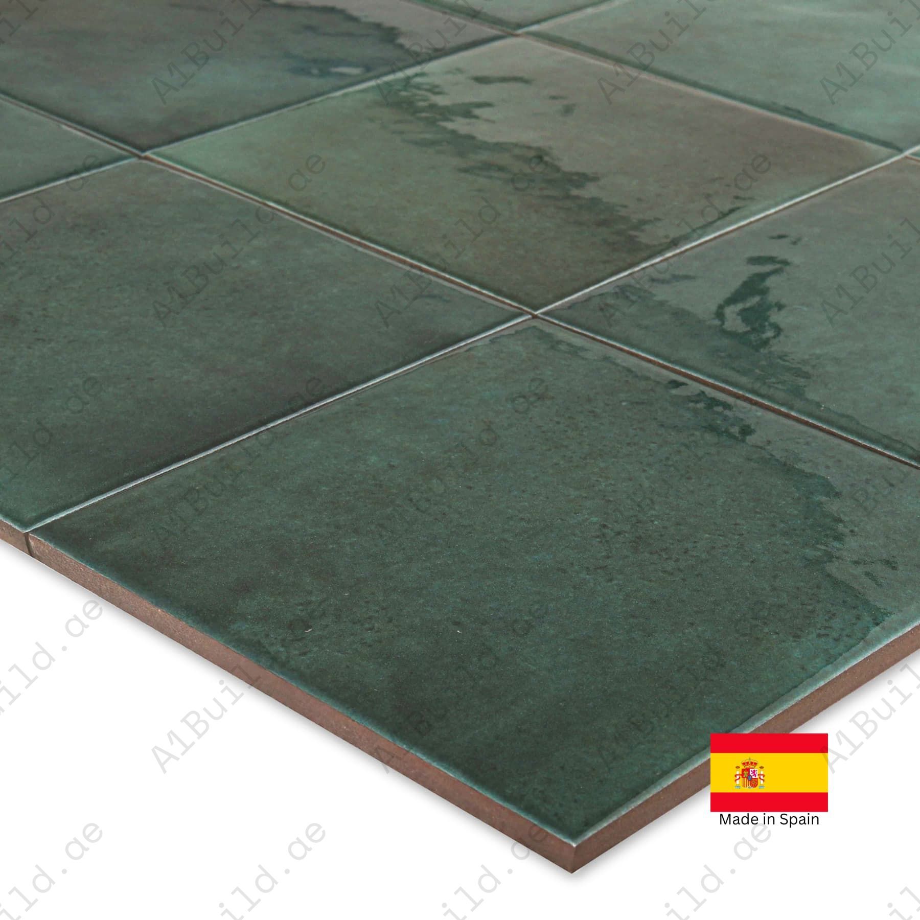 Moss Green glossy 15x15cm Spanish porcelain tiles for indoor floors, walls, and outdoor walls. Durable, water-resistant, and stylish.