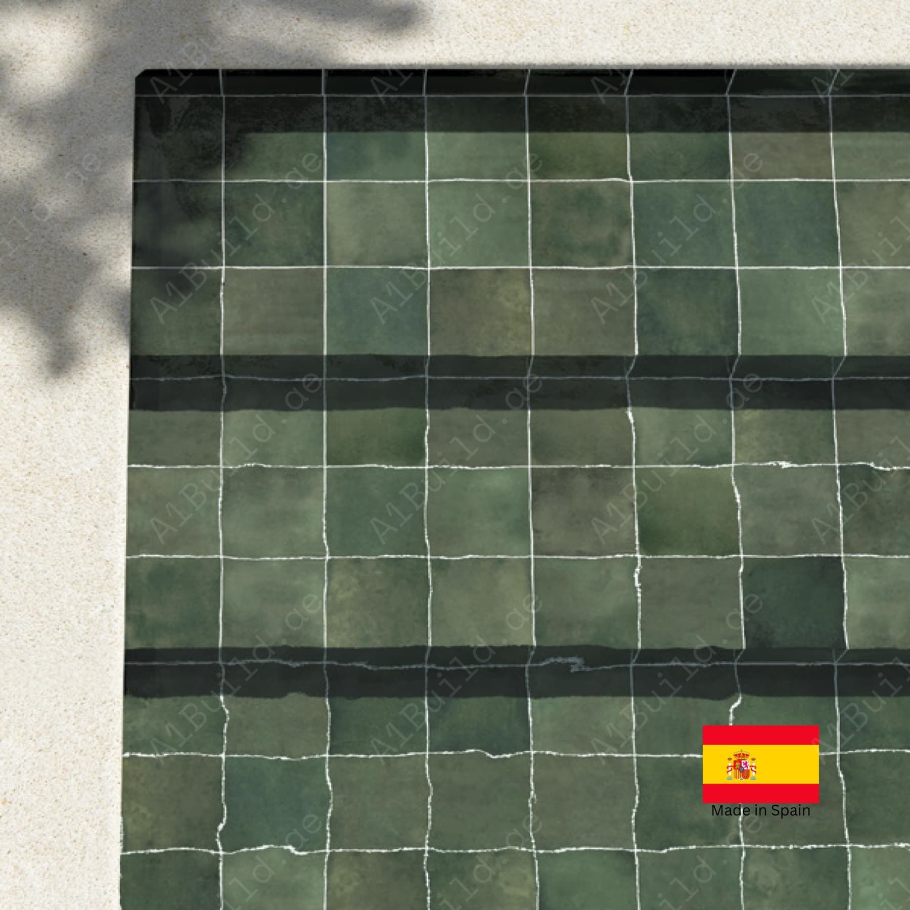 Moss Green glossy 15x15cm Spanish porcelain tiles for indoor floors, walls, and outdoor walls. Durable, water-resistant, and stylish.