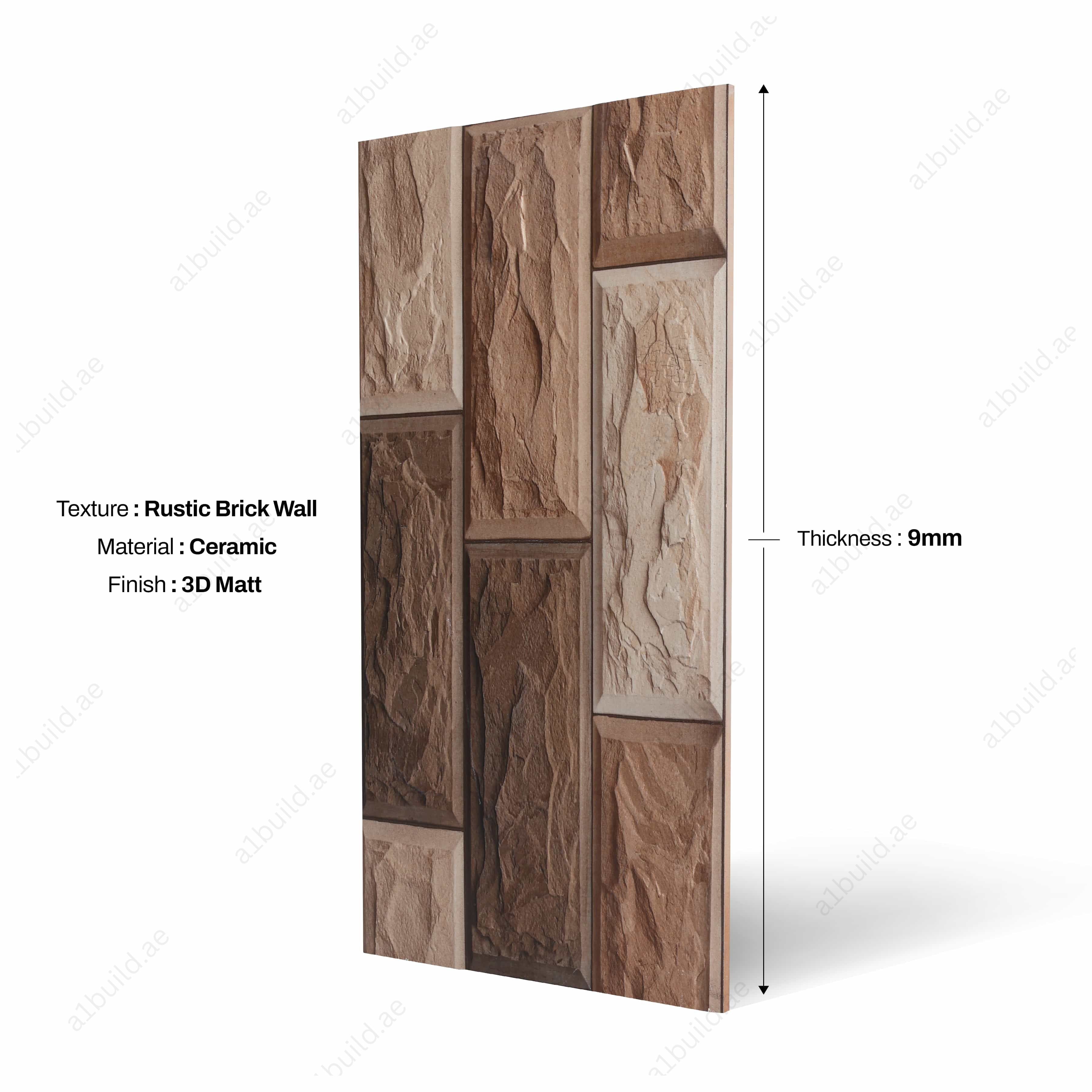 Ceramic wall panel with rustic brick wall texture, material, finish, and thickness displayed.